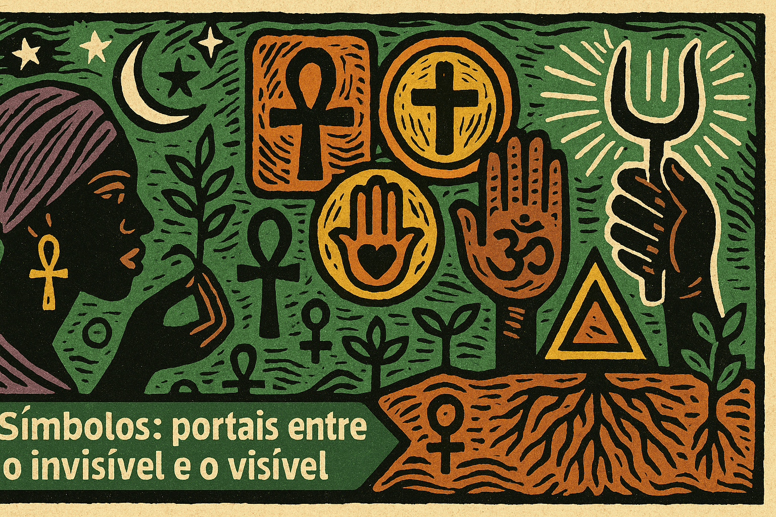 Ilustração horizontal estilo cordel com cores lúdicas mostrando símbolos espirituais como portais entre o visível e o invisível, com elementos do Candomblé, culturas ancestrais e forças universais.