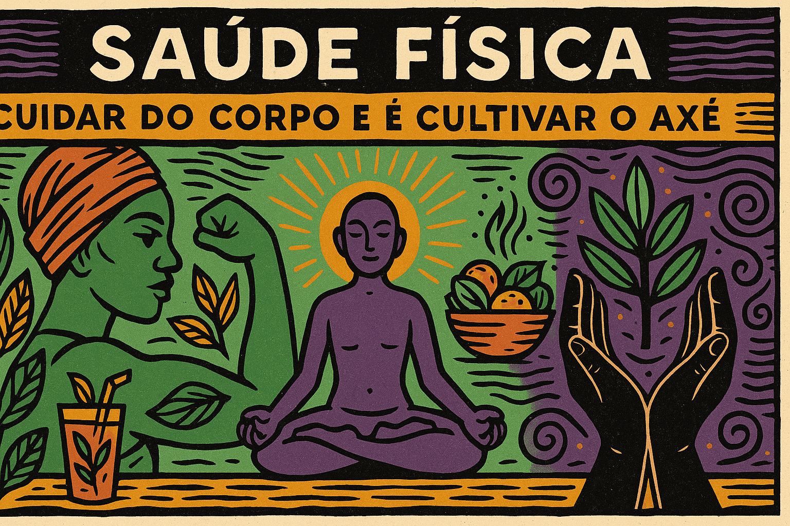 Ilustração horizontal estilo cordel com cores lúdicas representando a saúde física como templo do axé, com figuras humanas, elementos de cura, folhas, sol e movimento corporal.