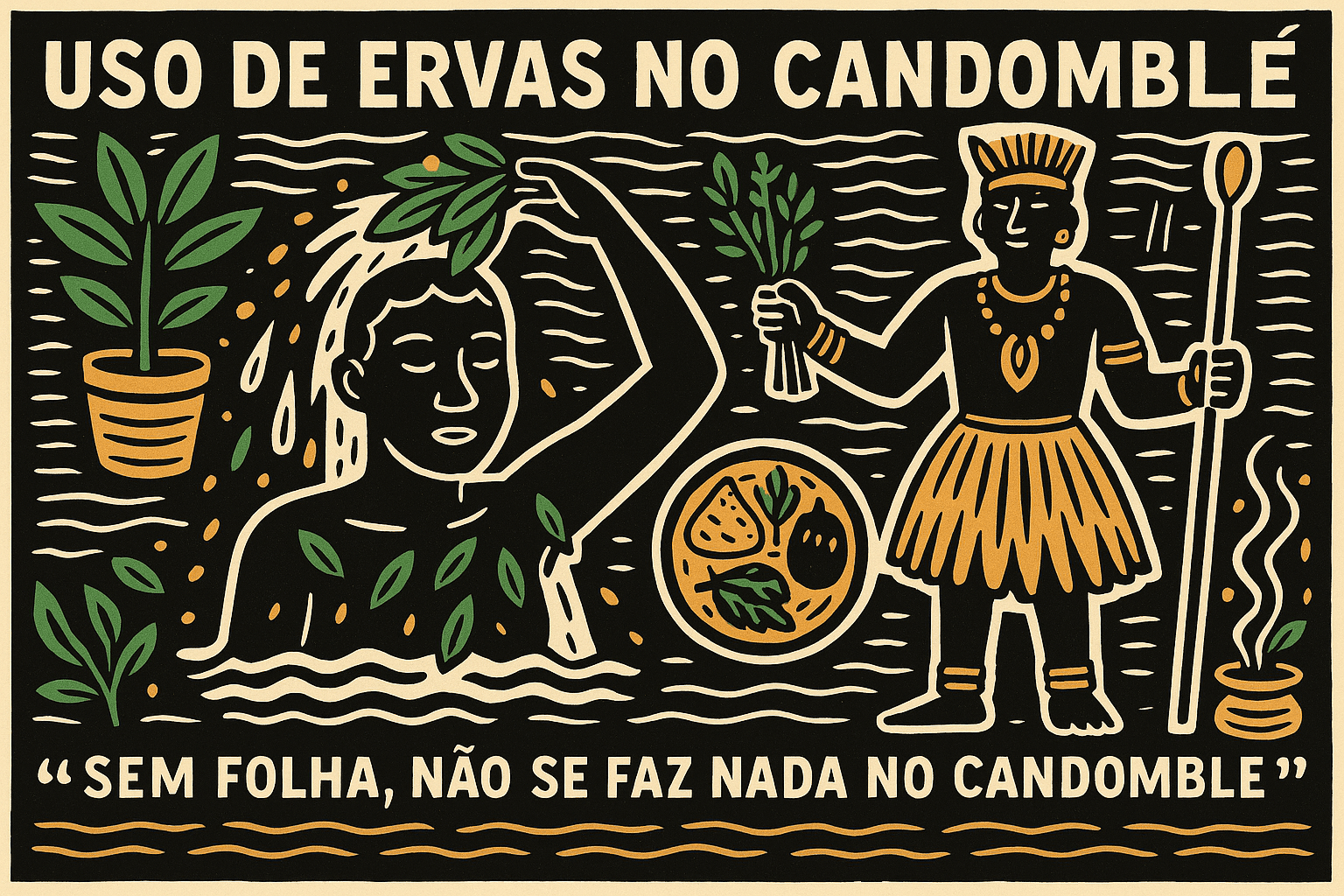 Ilustração em estilo cordel mostra o uso de ervas no Candomblé com figura de orixá, banho de folhas e oferenda ritualística.