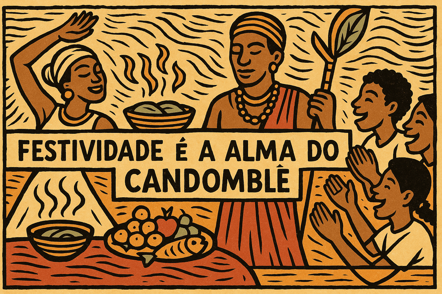 Ilustração em estilo cordel retrata festividade no Candomblé com oferendas, folhas sagradas, danças e a frase “Festividade é a alma do Candomblé”.