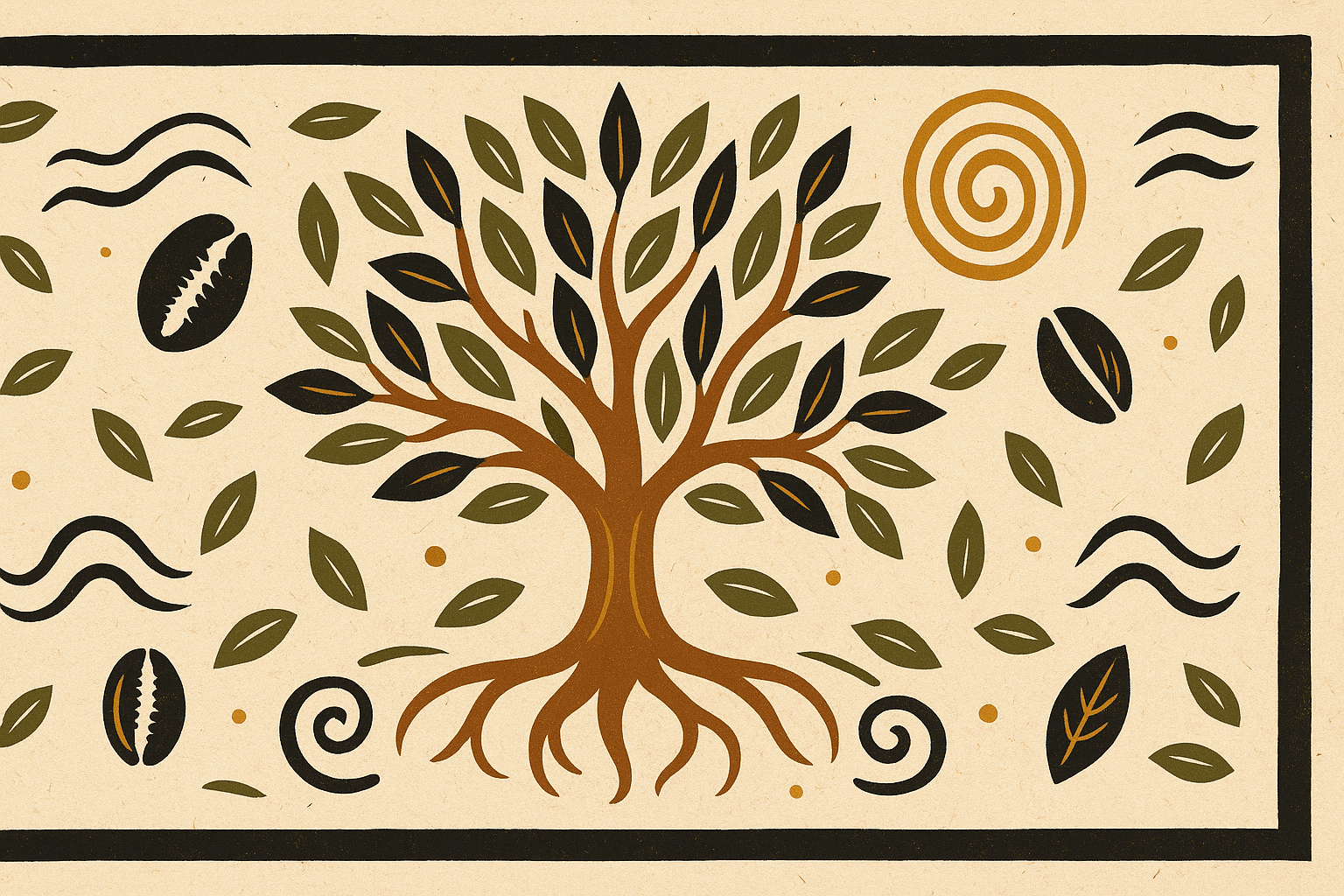 Ilustração horizontal no estilo xilogravura, com uma árvore estilizada no centro representando a ancestralidade no Candomblé. A imagem traz símbolos de raízes, galhos, ciclos da vida, búzios, folhas e elementos espirituais, sobre fundo de papel reciclado.
