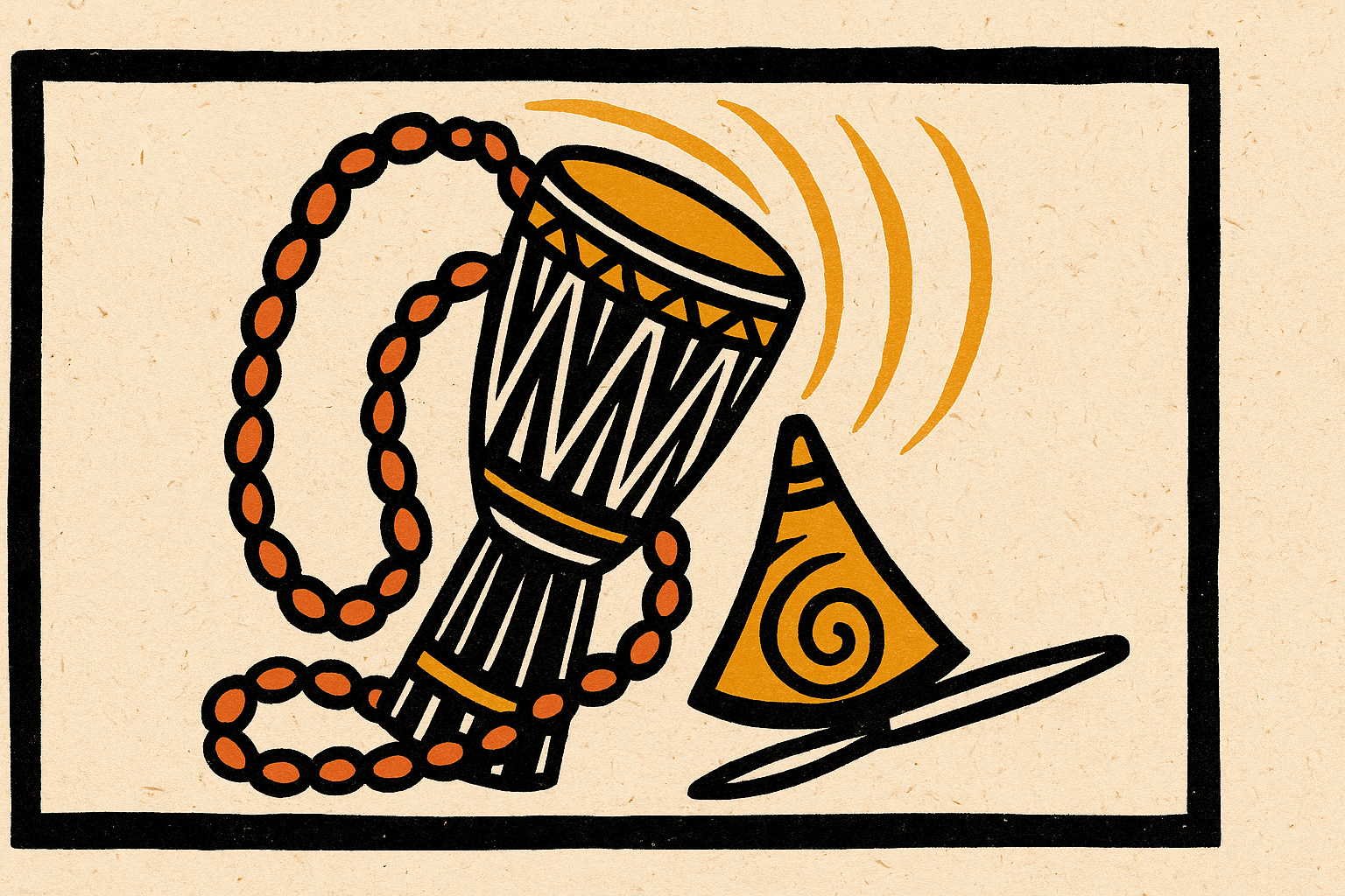 Ilustração horizontal no estilo xilogravura, com um atabaque estilizado no centro, representando a arte no Candomblé. A imagem simboliza a música, a ancestralidade e o axé presentes nos rituais, com fundo de papel reciclado e moldura preta.