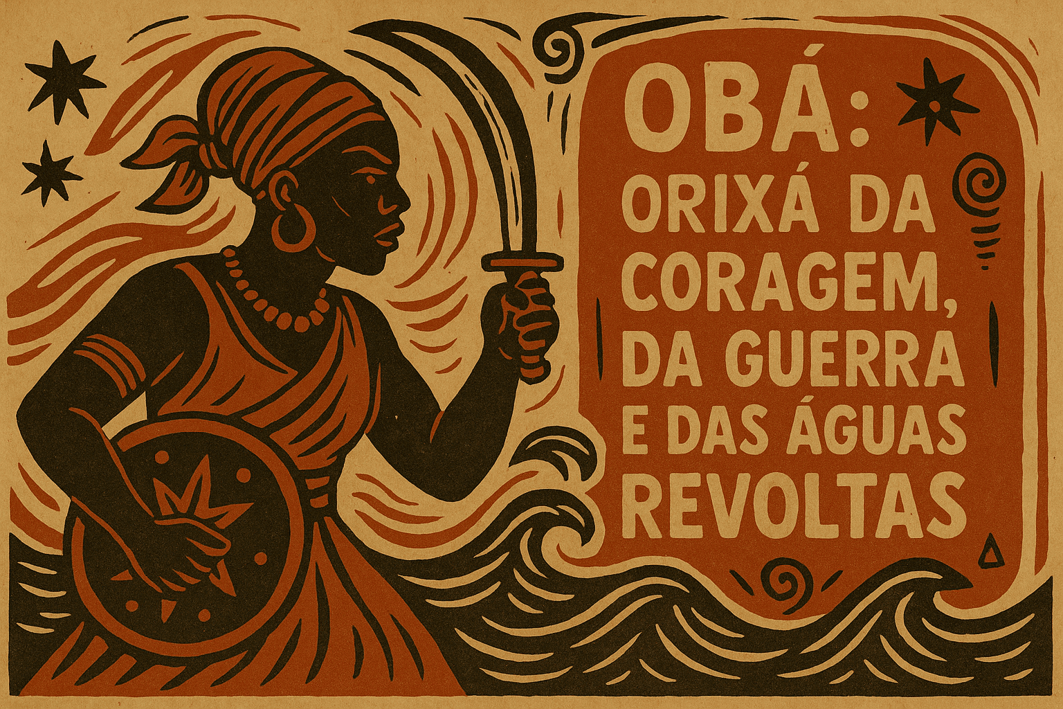 Ilustração de Obá em estilo xilogravura, com vestes guerreiras e símbolos de coragem do Candomblé.