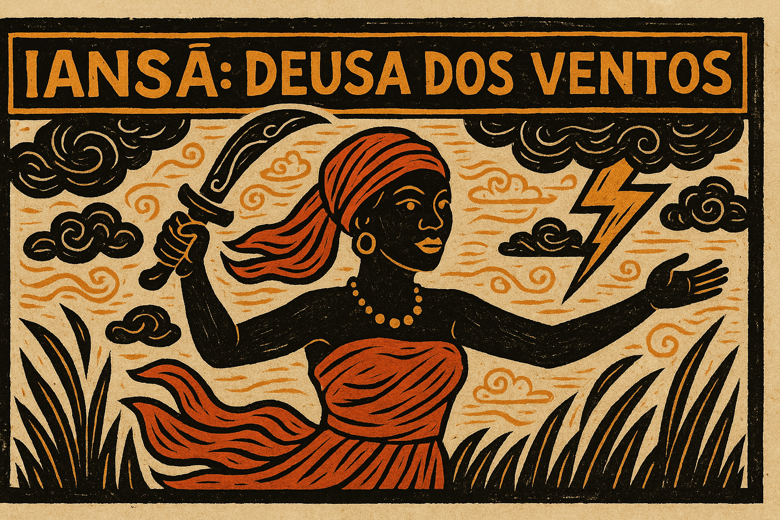 Deusa dos ventos. Ilustração em xilogravura de Iansã com ventos em espiral, cores vibrantes e fundo texturizado bege.