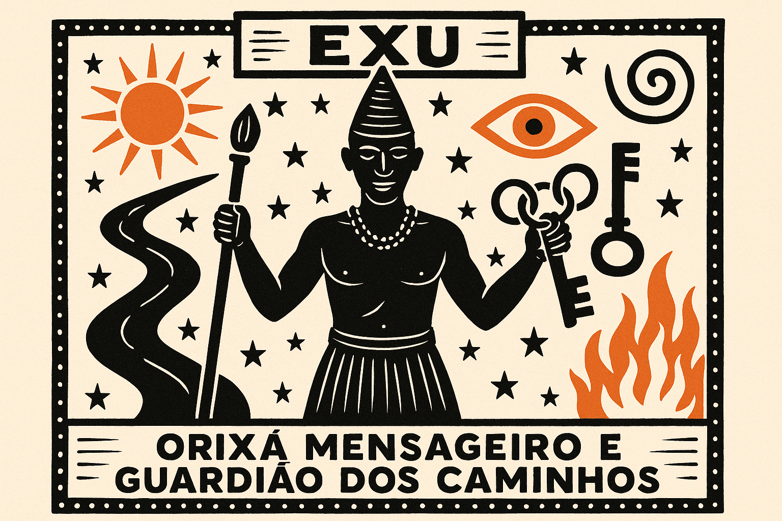 Ilustração em xilogravura de Exu, orixá mensageiro e guardião dos caminhos, com elementos simbólicos do Candomblé.