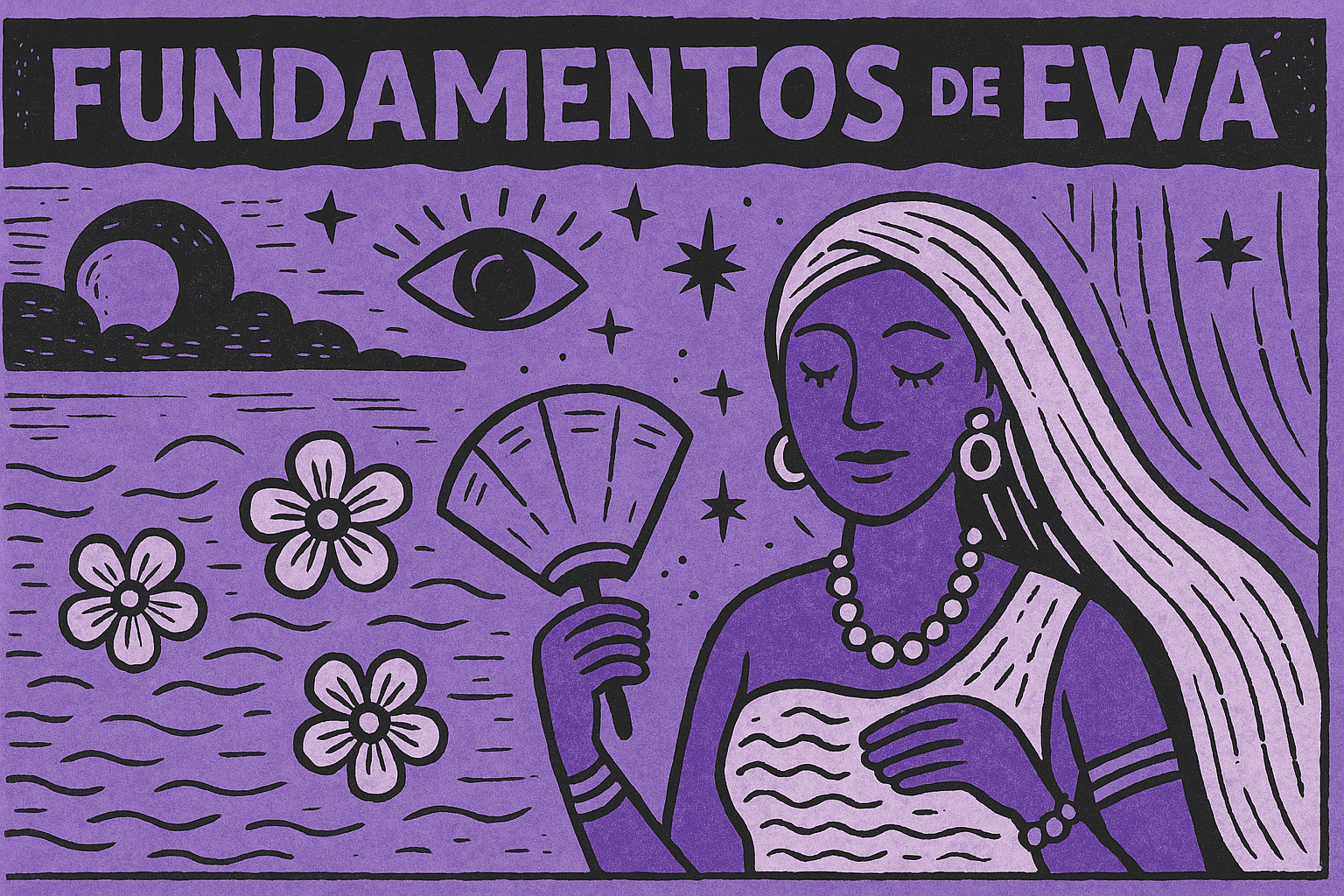 Imagem de Ewá em estilo cordel com cores roxo e preto, representando seus fundamentos espirituais no Candomblé