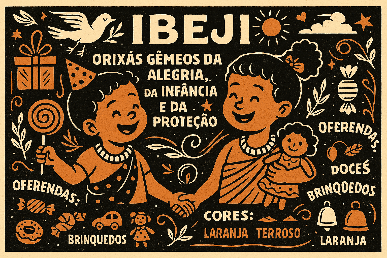 Ibeji orixás gêmeos em xilogravura colorida com elementos infantis e sagrados do Candomblé