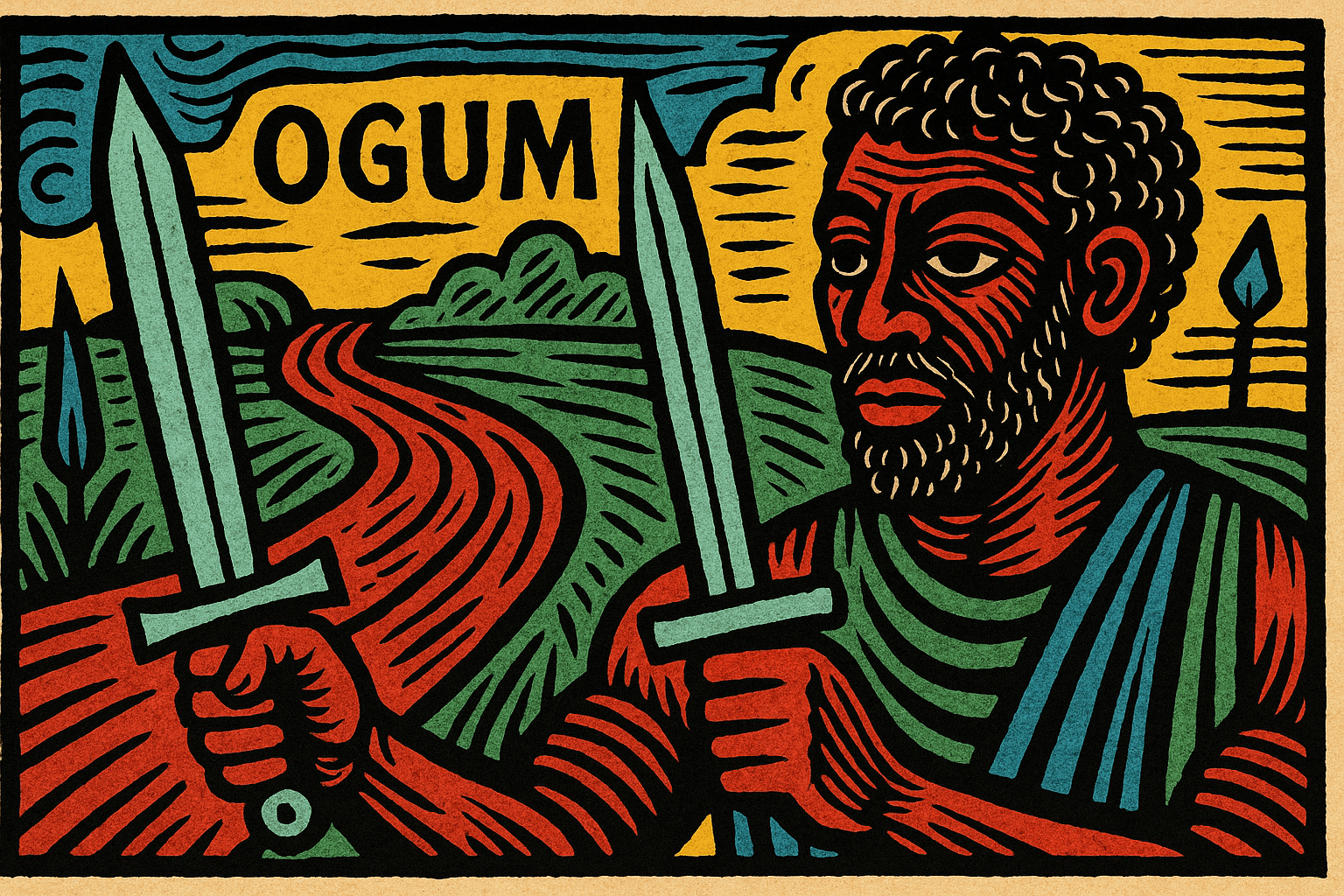 Ilustração em estilo cordel com cores lúdicas representando Ogum, o orixá guerreiro e abridor de caminhos.