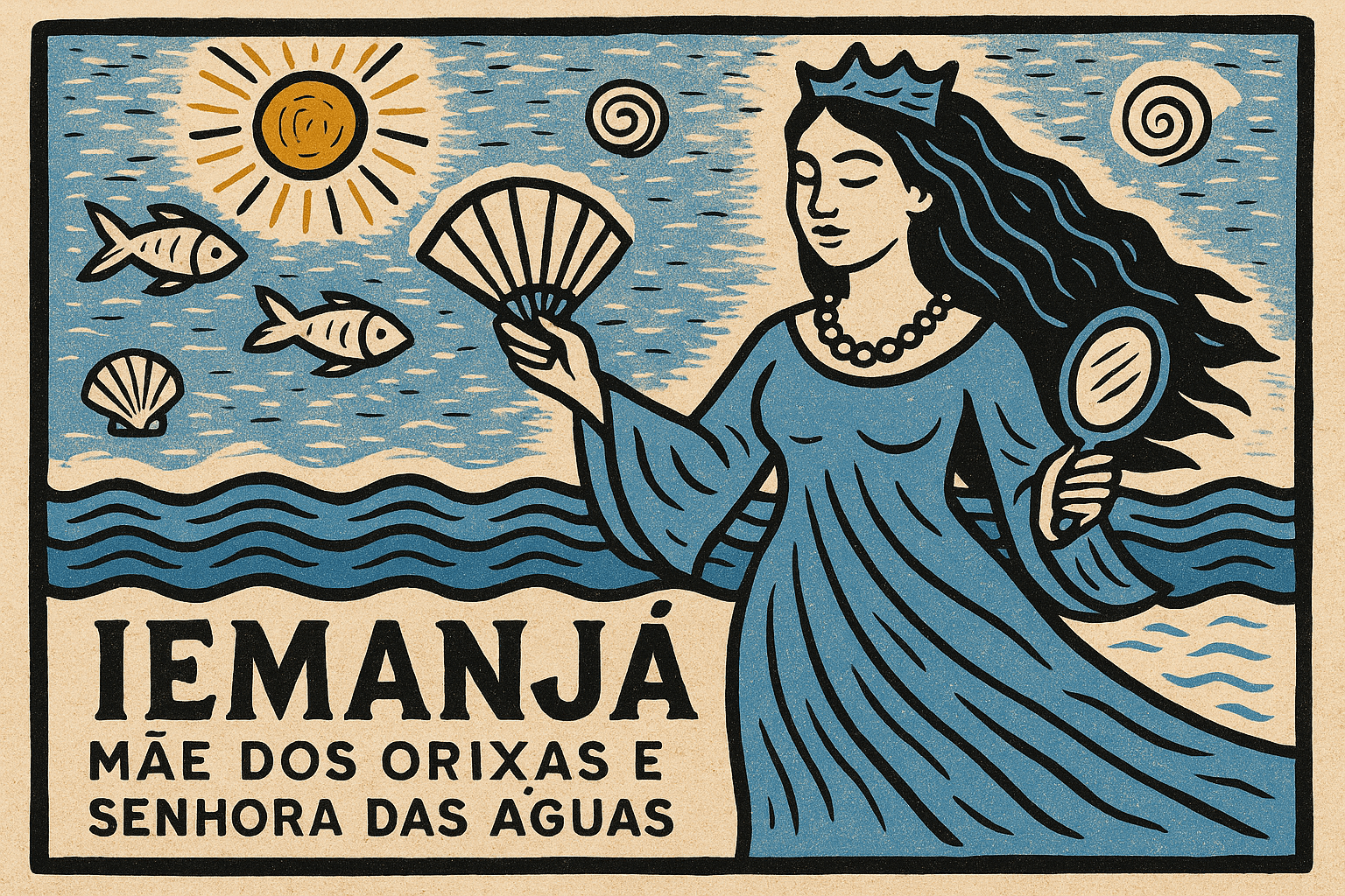 Iemanjá orixá dos mares em estilo cordel com cores lúdicas