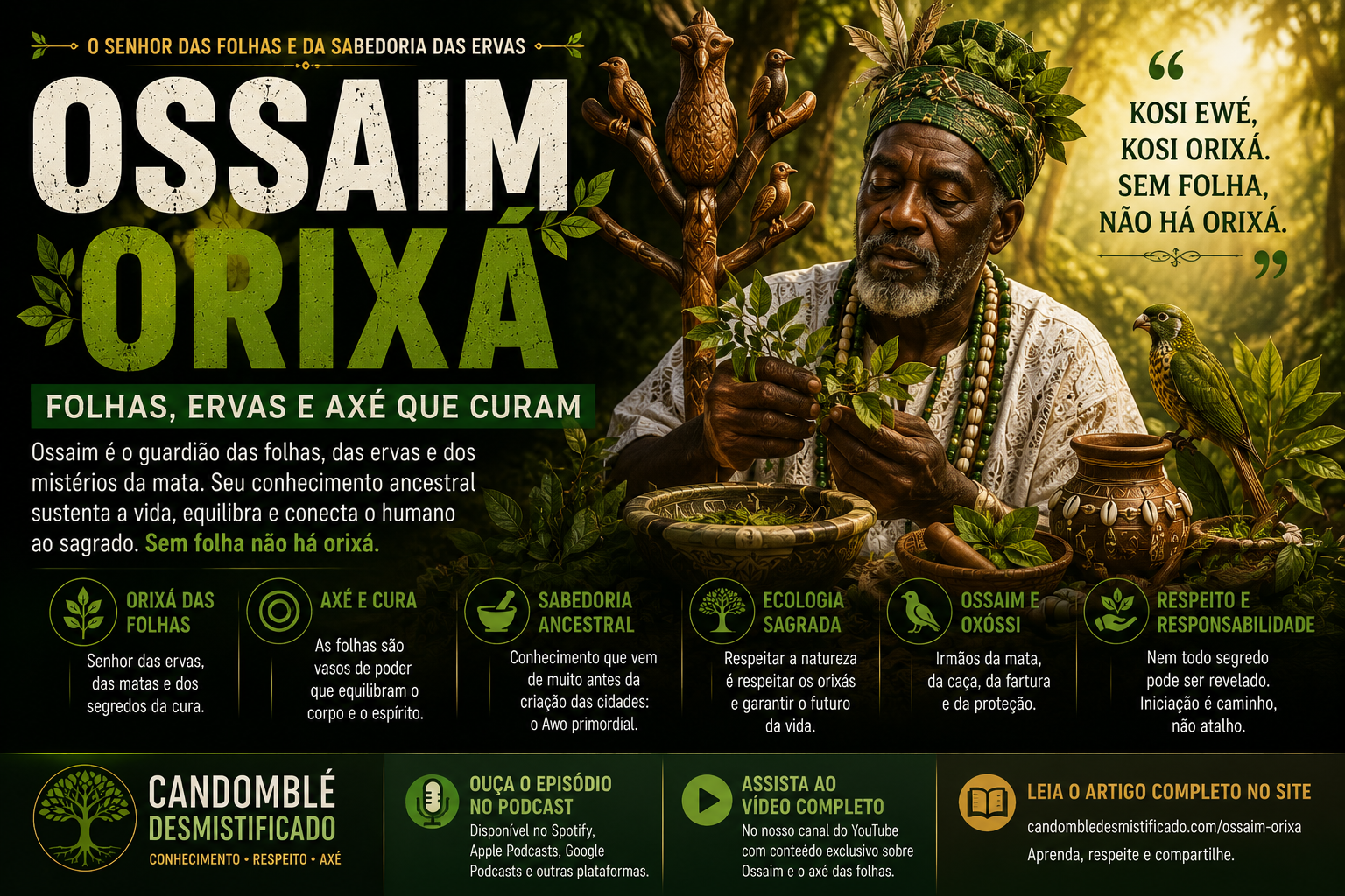 Ossaim orixá segurando folhas sagradas na mata, com pássaros, ervas, elementos de Candomblé e frase “sem folha não há orixá”.