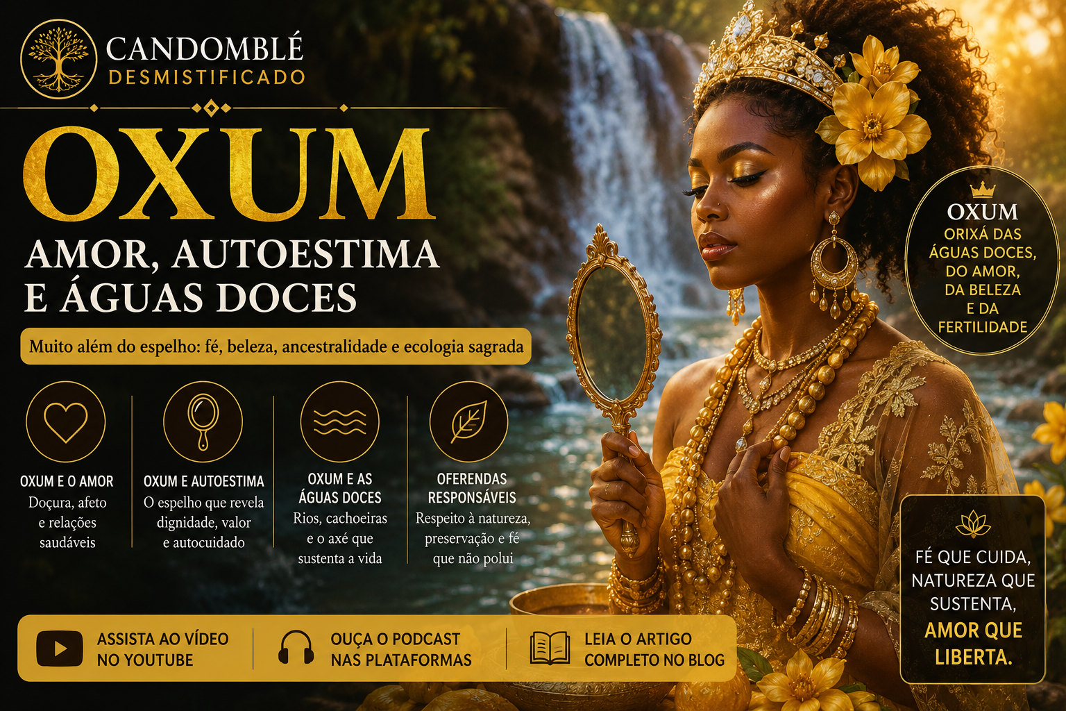 Oxum representada por mulher negra diante de cachoeira, com espelho dourado, flores amarelas e águas doces, simbolizando amor, autoestima, beleza e axé.