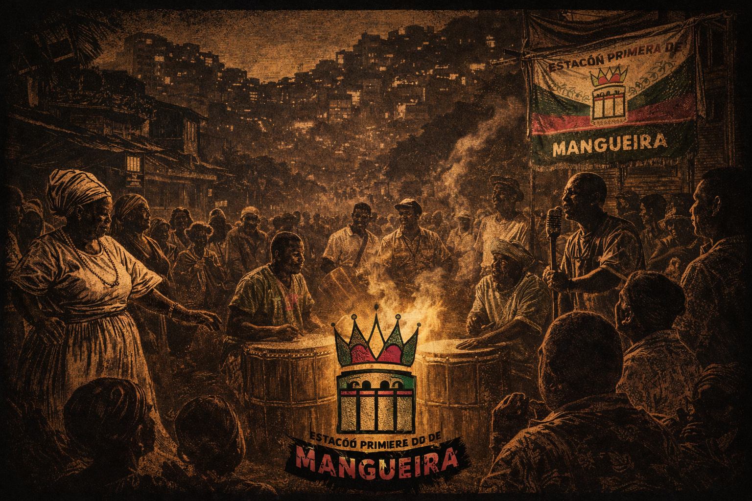 Mangueira escola de samba e Candomblé: roda de tambor com bandeira da Estação Primeira de Mangueira em arte com textura de xilogravura