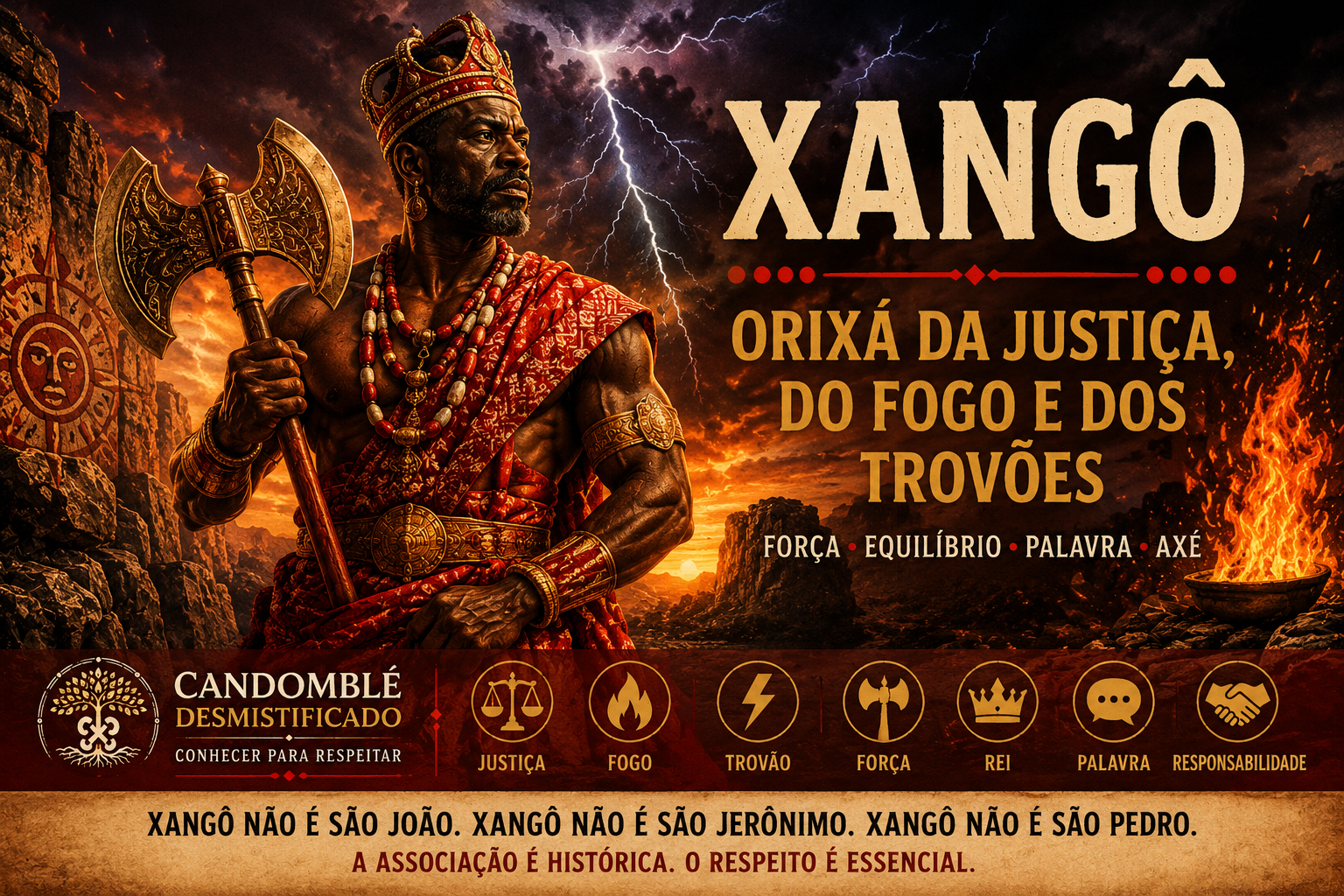 Xangô representado diante de uma pedreira sob céu de trovões, segurando o oxé, com fogo ao lado, simbolizando justiça, equilíbrio, palavra e axé no Candomblé.
