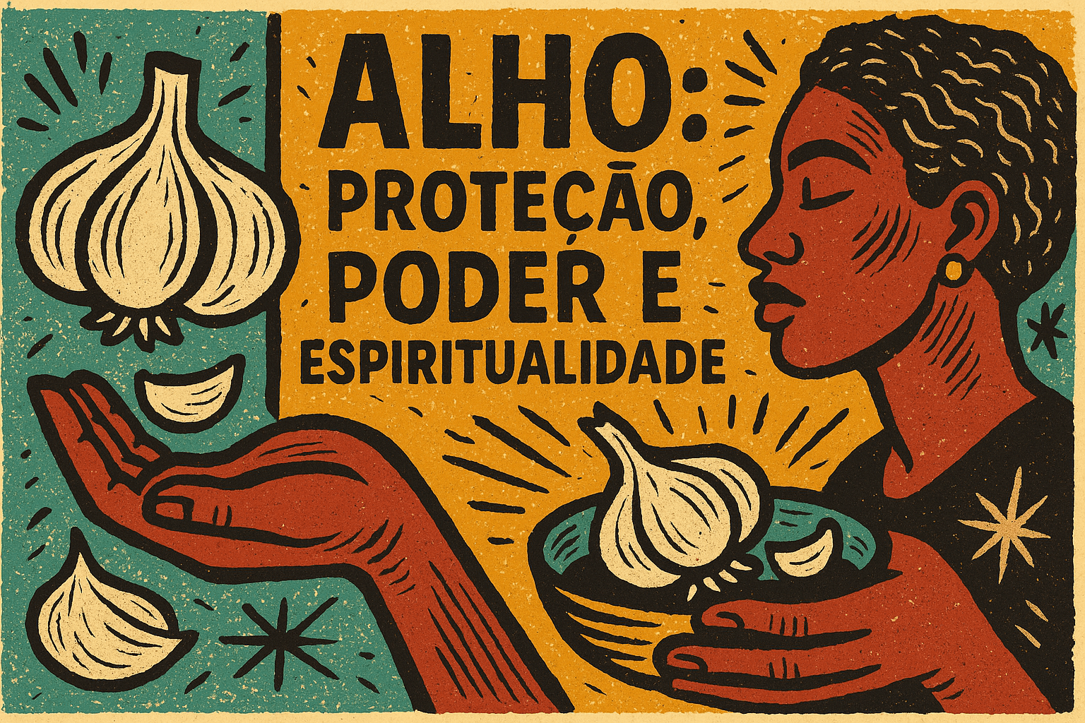 Ilustração em estilo xilogravura mostra bulbos e dentes de alho em mãos abertas e em tigela ritual, ao lado de uma mulher negra com expressão serena, com os dizeres “Alho: Proteção, Poder e Espiritualidade”.