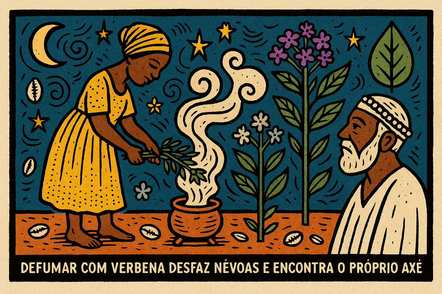 Ilustração de Oxum com ramo de verbena sobre defumador de verbena, ao lado de Obatalá e plantas sagradas, em estilo cordel espiritual