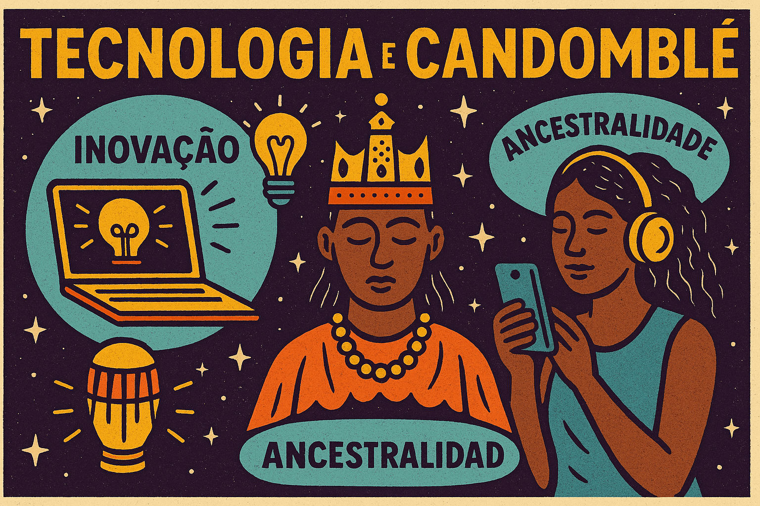 Ilustração em estilo cordel mostra o encontro entre tecnologia e Candomblé, com símbolos de inovação e ancestralidade sobre fundo estrelado.