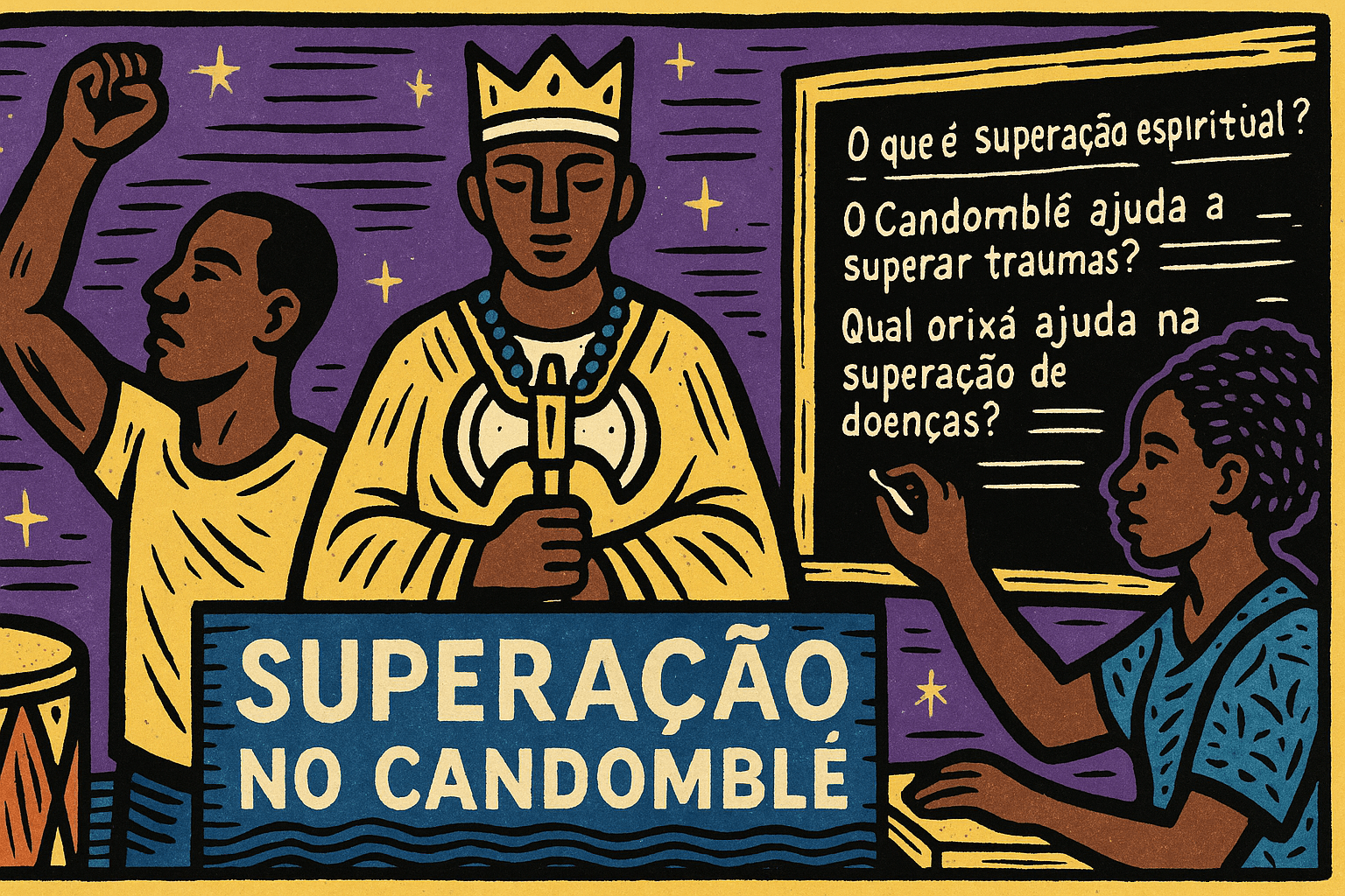 Ilustração em estilo cordel mostra um orixá, uma mulher escrevendo perguntas sobre superação e um homem erguendo o punho em gesto de resistência no Candomblé.