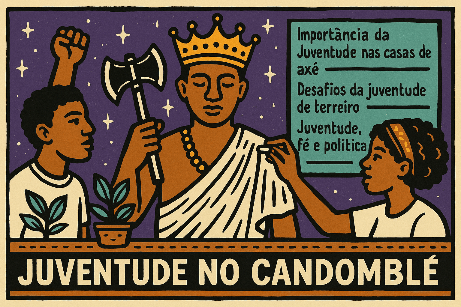 Ilustração em estilo cordel mostra jovens de terreiro com roupas tradicionais, atabaques e livros, simbolizando a força e o futuro da juventude no Candomblé.