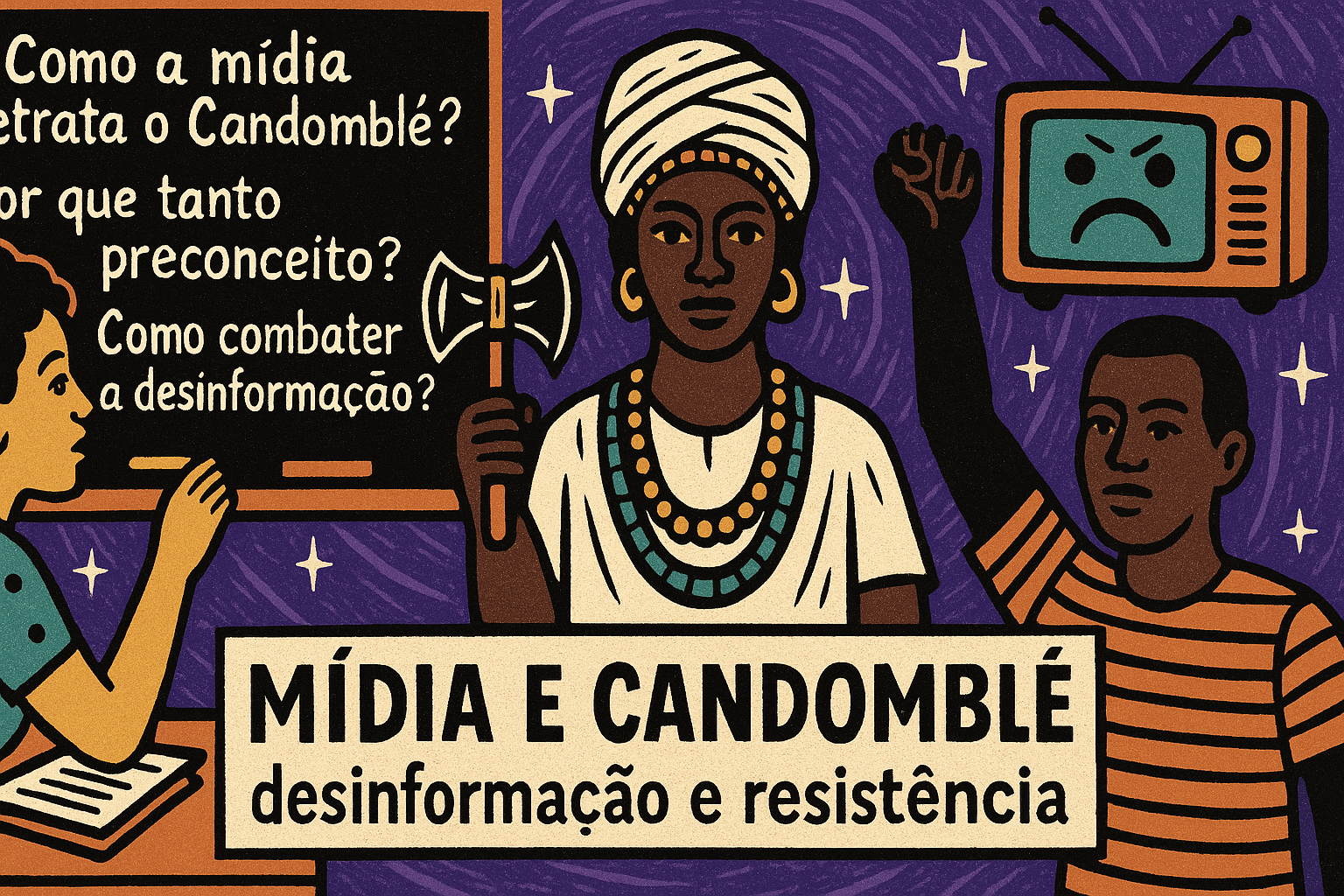 Ilustração estilo cordel mostra mulher escrevendo sobre mídia e Candomblé, orixá com machado e homem com punho erguido, representando resistência à desinformação.