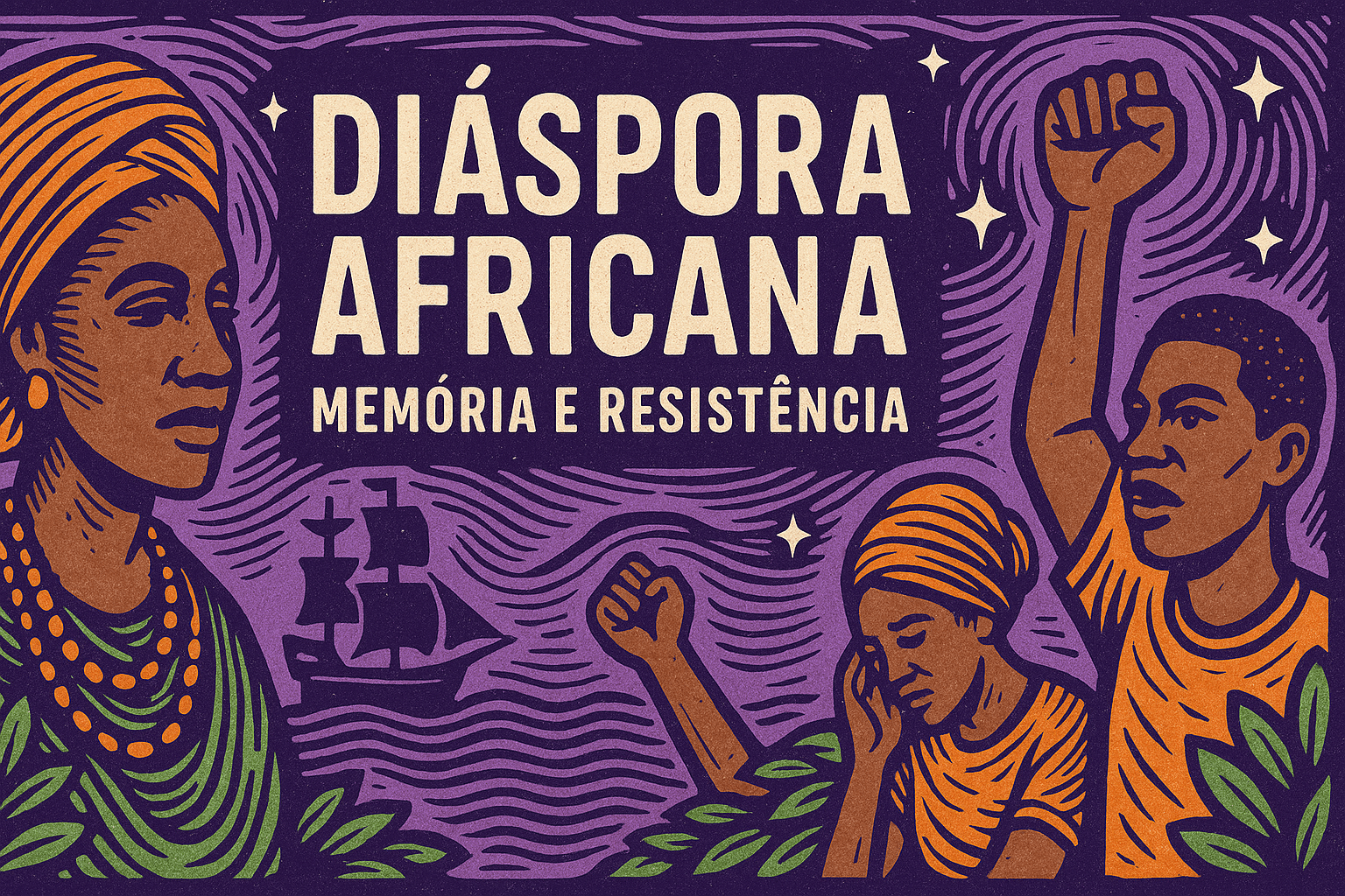 Ilustração estilo cordel representa a diáspora africana com figuras de mulheres e homens negros, navio negreiro, ondas e punhos erguidos em sinal de resistência espiritual.