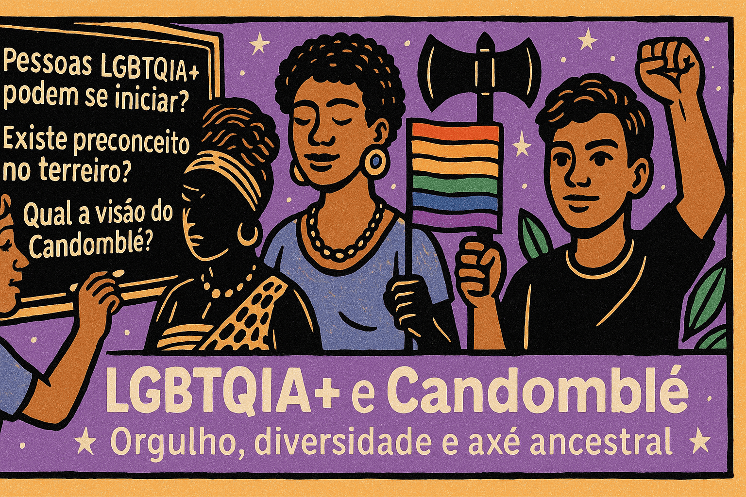 Ilustração em estilo cordel mostra figuras LGBTQIA+ em um terreiro de Candomblé, com orixás ao fundo e bandeiras de diversidade ao redor.