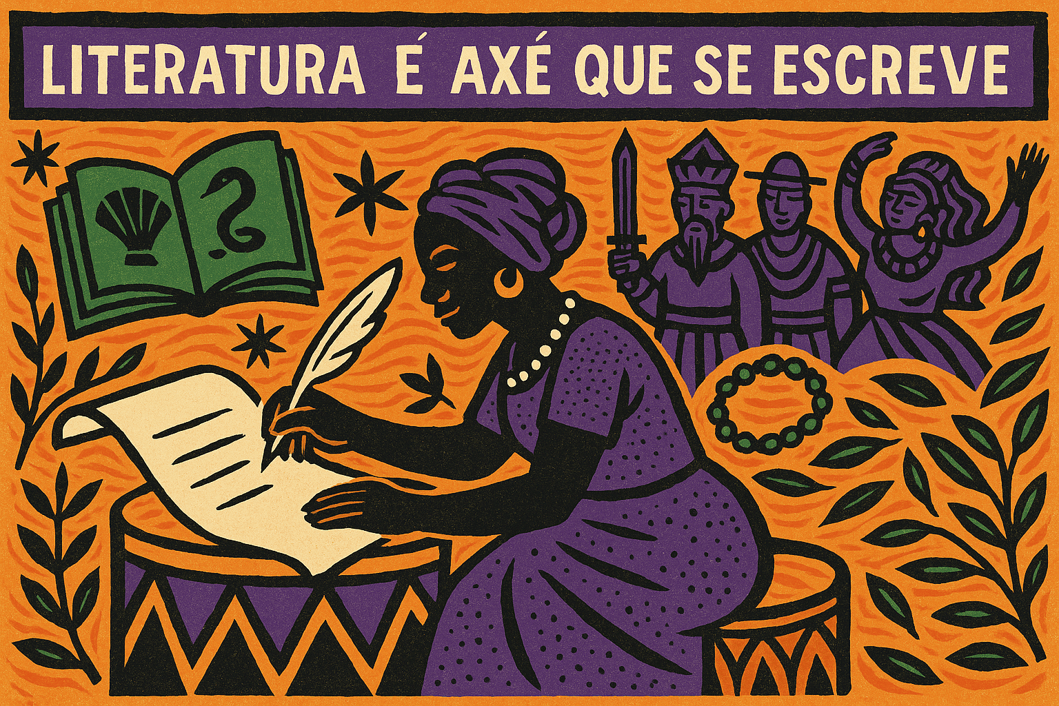 Ilustração em estilo cordel mostra uma mulher negra escrevendo em papel com penas e orixás ao fundo, representando a literatura como ferramenta espiritual e ancestral.