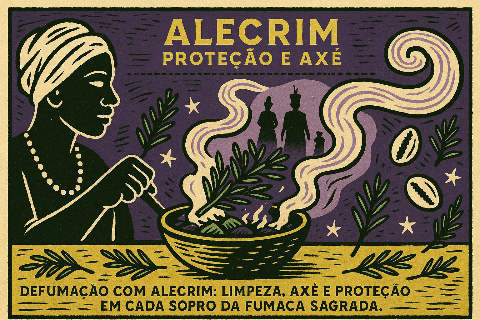 Ilustração estilo cordel com defumação com alecrim queimando em um terreiro, fumaça se elevando entre colares e orixás, simbolizando a purificação espiritual.