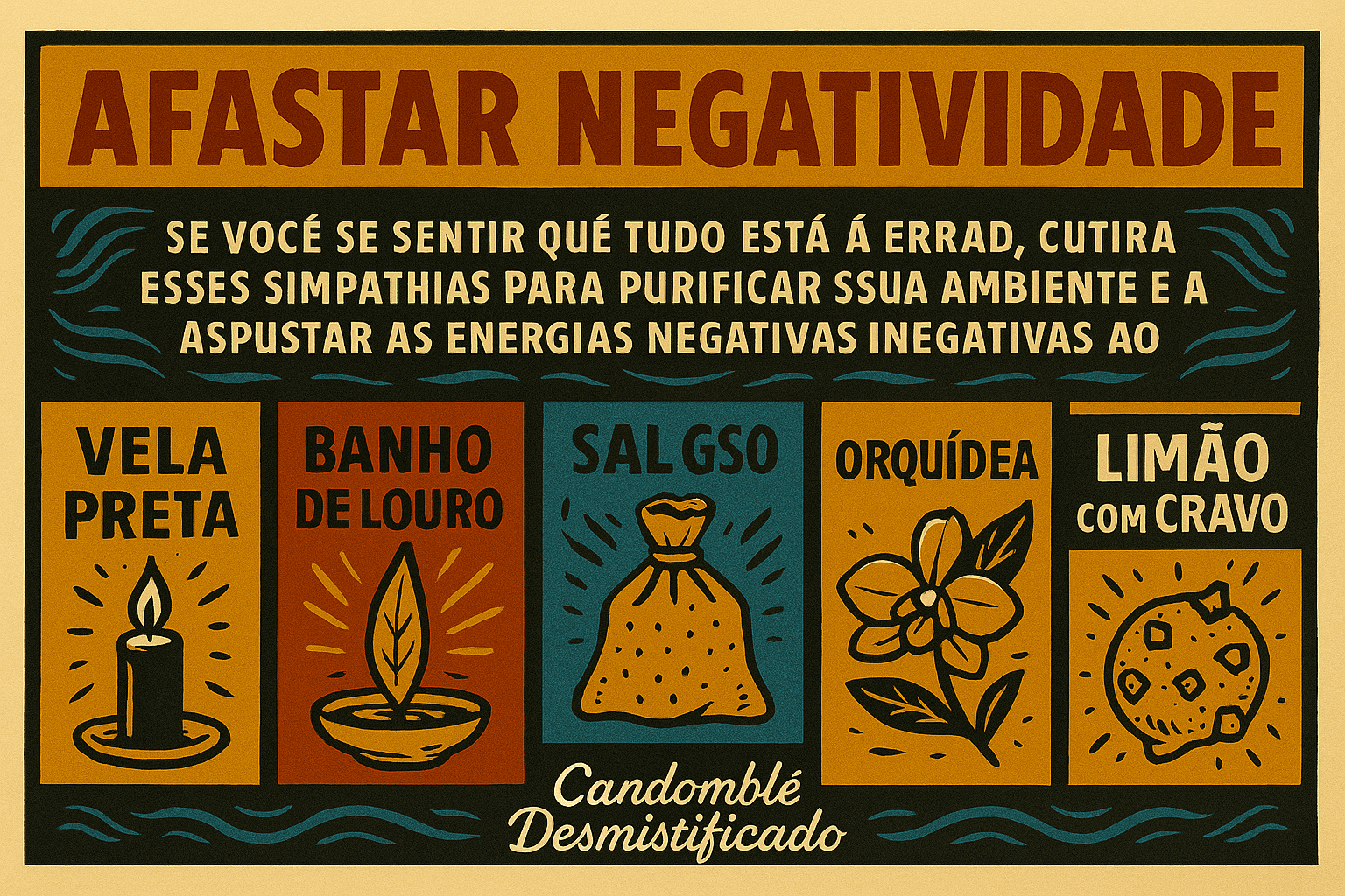 Ilustração em estilo xilogravura com cores vibrantes, mostrando símbolos de proteção espiritual, ramos de ervas, olhos místicos e elementos de cultura afro-brasileira, com o texto "Afastar Negatividade" em destaque.