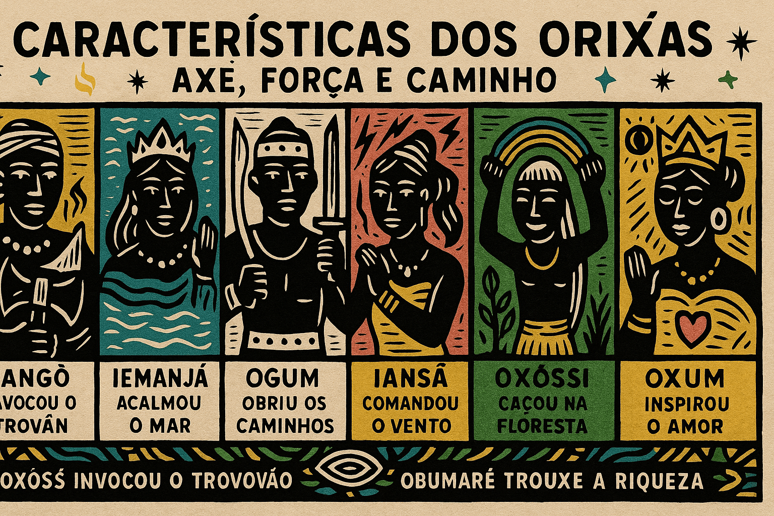 Ilustração horizontal em estilo cordel retrata os principais orixás e suas características do Candomblé em expressões simbólicas e cores vibrantes, com elementos da natureza ao fundo.