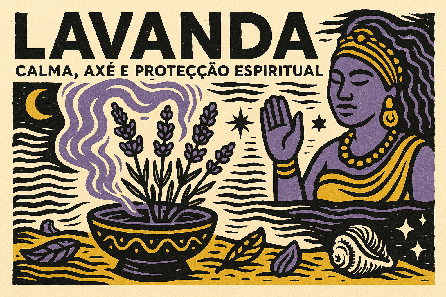 Ilustração horizontal em estilo cordel retrata a defumador de lavanda, com folhas e flores sendo queimadas sob a bênção de Oxum, envoltas em espirais suaves de fumaça lilás.