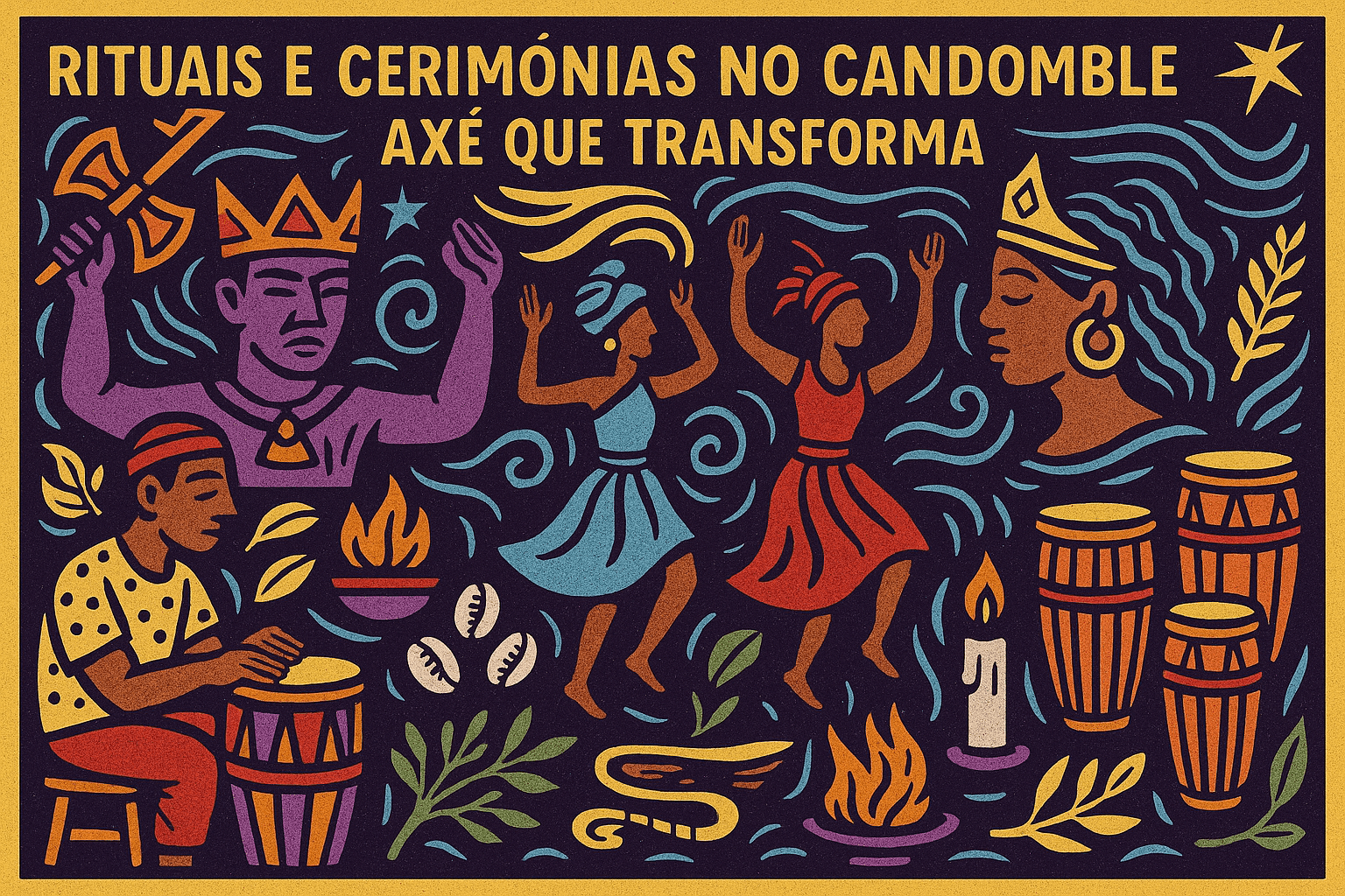 Ilustração horizontal em estilo cordel mostra rituais e cerimônias de Candomblé com atabaques, dançarinos e orixás, cercados por símbolos rituais e elementos da natureza em cores vibrantes.