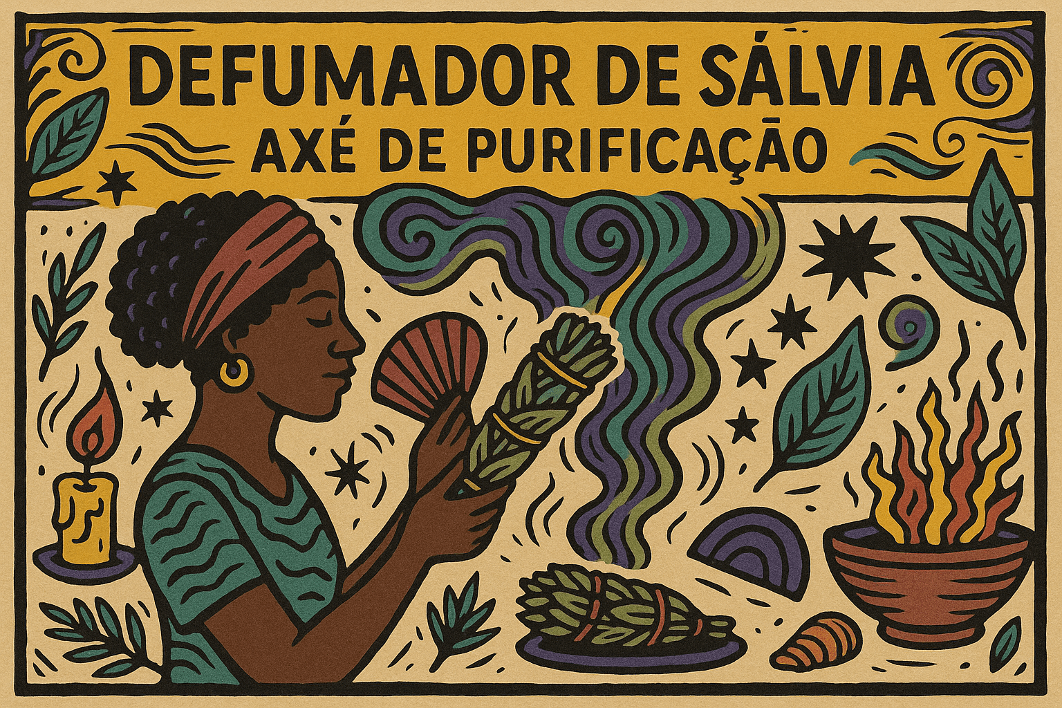 Ilustração horizontal em estilo cordel com cores lúdicas mostra um defumador de sálvia soltando fumaça em espiral, cercado por folhas sagradas e símbolos espirituais do Candomblé.