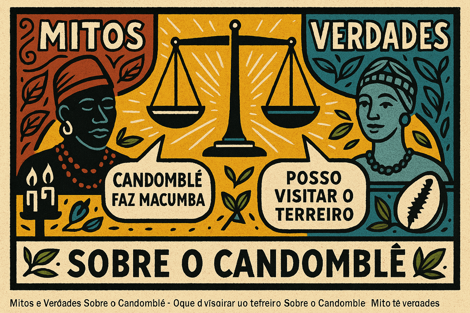 Ilustração horizontal em estilo cordel retrata a dualidade entre mitos e verdades no Candomblé, com símbolos afro-brasileiros, orixás e elementos de sabedoria ancestral em tons vibrantes.