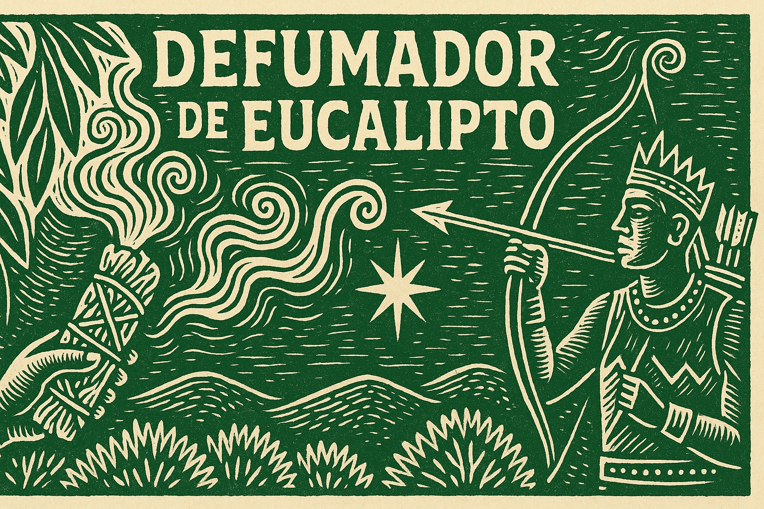 Ilustração em estilo xilogravura representando defumador de eucalipto com Oxóssi