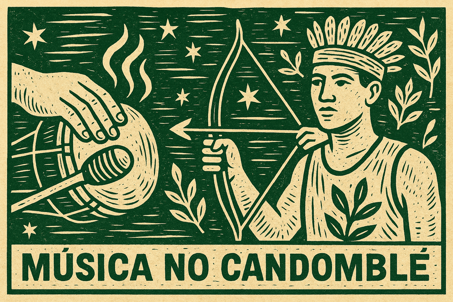Ilustração em estilo cordel representando a música no Candomblé