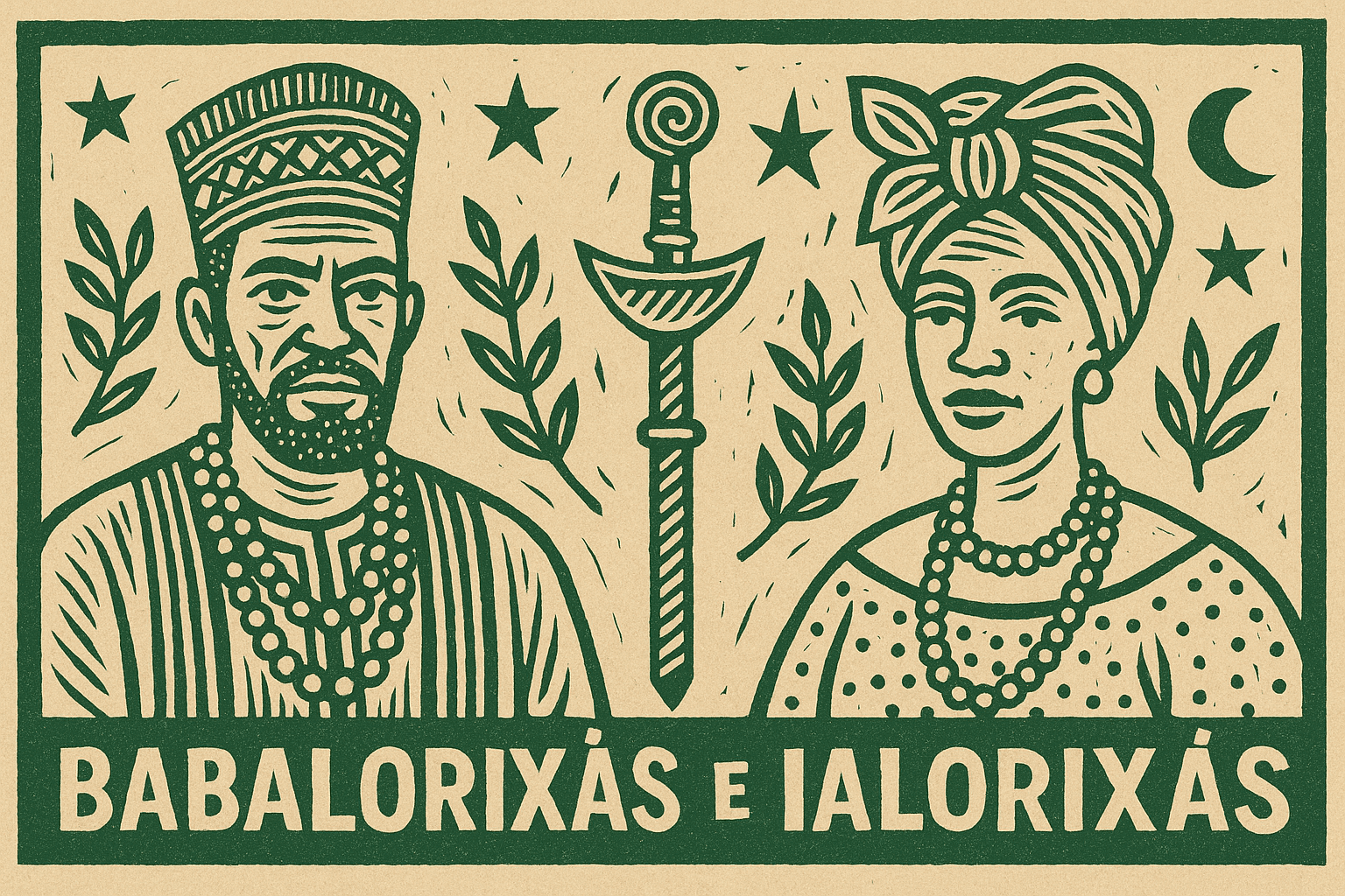 Ilustração em xilogravura de babalorixás e ialorixás com símbolo sagrado entre eles