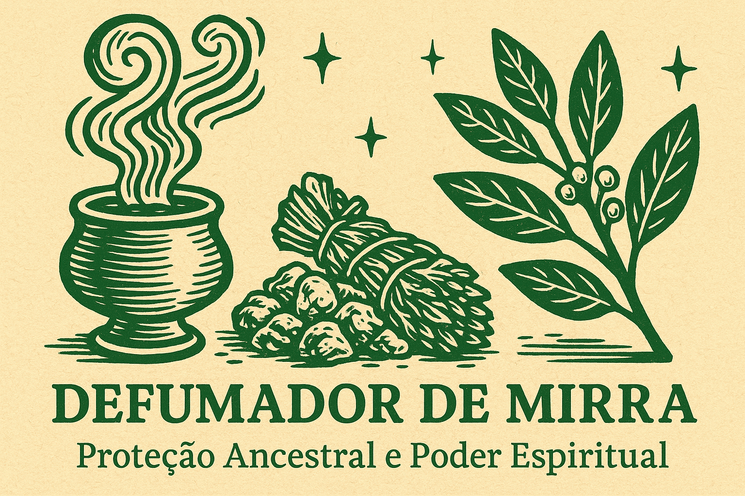 Ilustração estilo cordel mostrando defumador de mirra com resina e planta sagrada