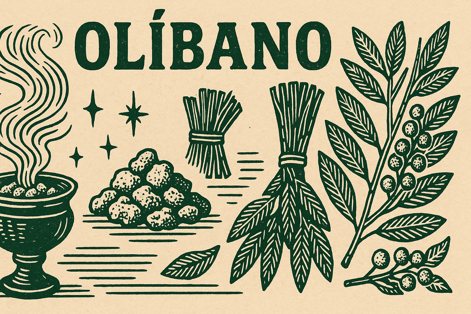 Ilustração estilo cordel com olíbano, resina e galhos da árvore Boswellia