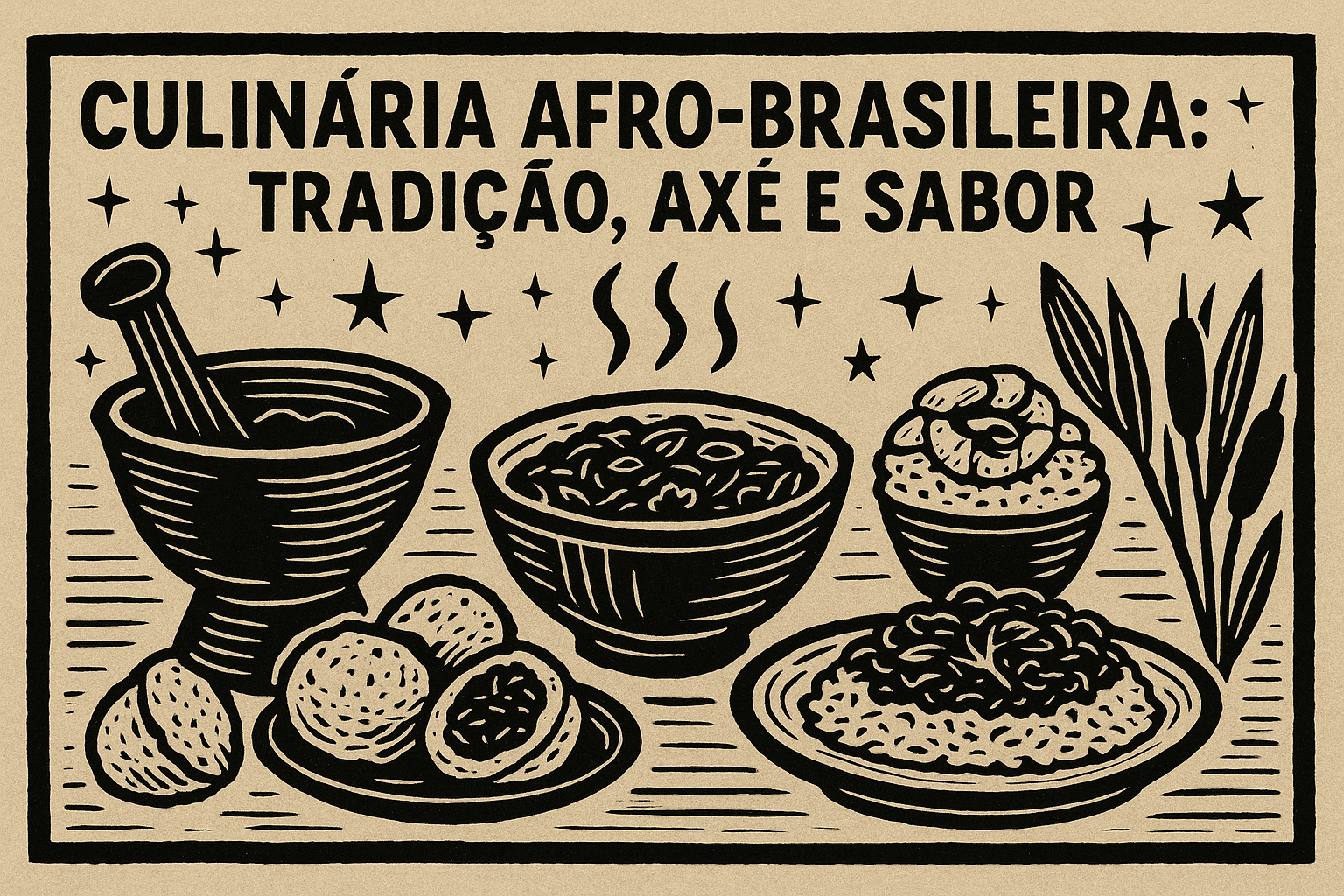 Ilustração estilo cordel com pratos da culinária afro-brasileira e elementos sagrados
