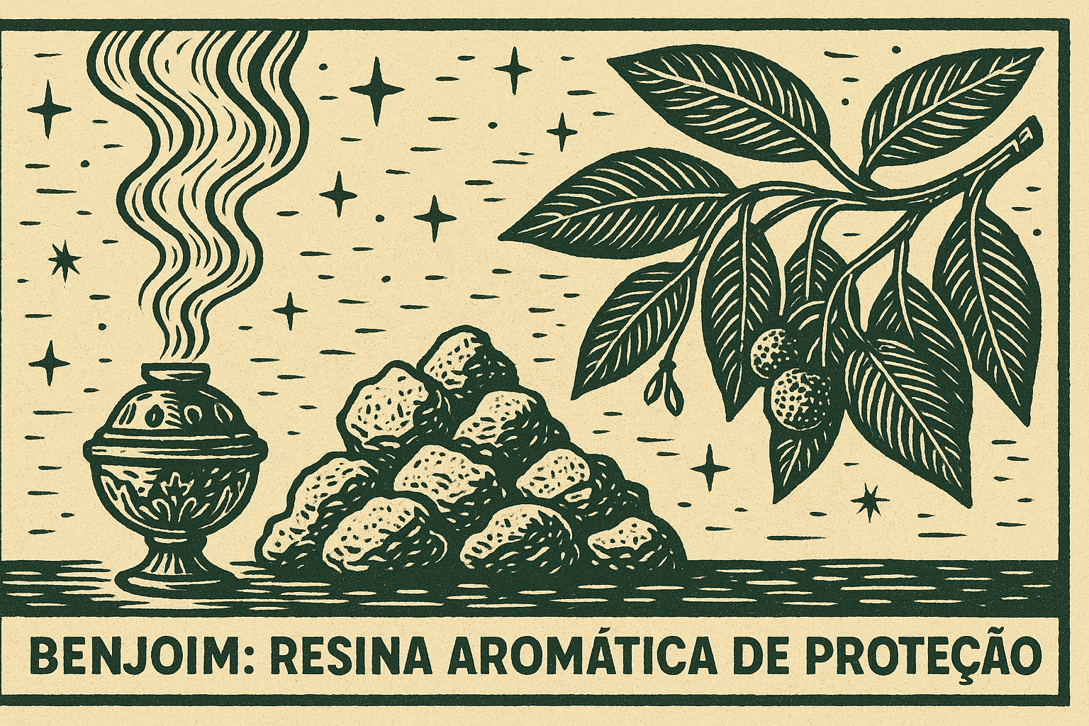 Ilustração em estilo cordel com resina de benjoim, incensário e galho da árvore