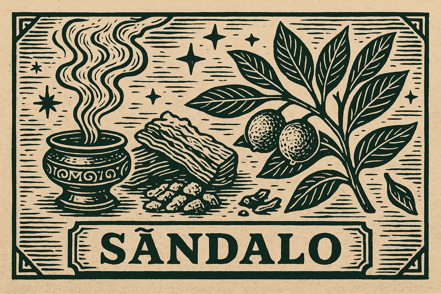 Ilustração em estilo cordel com madeira e incenso de sândalo em ritual espiritual