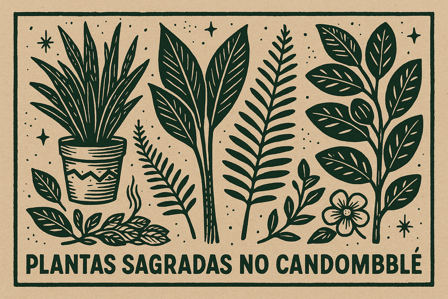 plantas Ilustração estilo cordel com folhas sagradas e pilão ritualístico do Candomblé