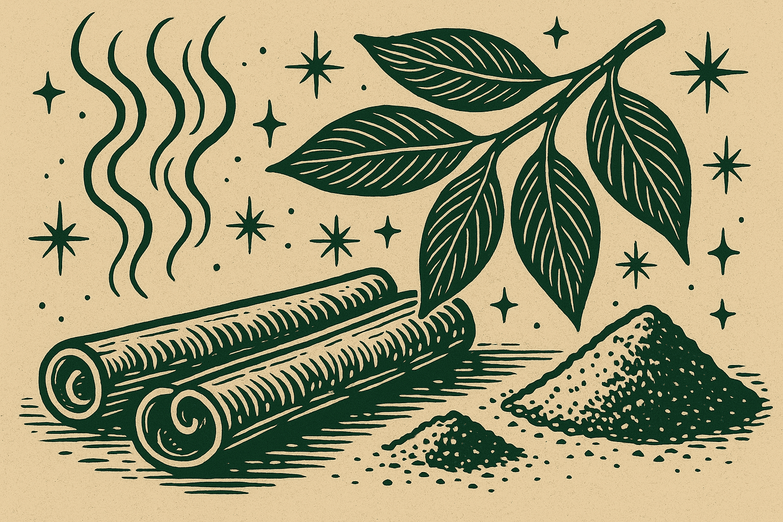 Ilustração em estilo cordel com canela em pau, pó de canela e galho da árvore