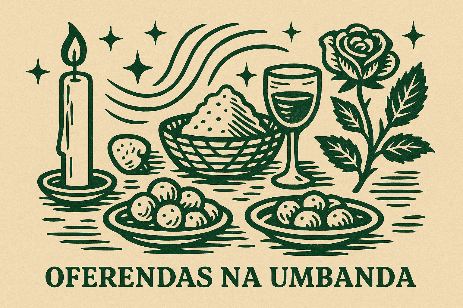 Ilustração em estilo cordel com elementos de oferendas na Umbanda: vela acesa, comida em cestas, taça de vinho e rosa vermelha