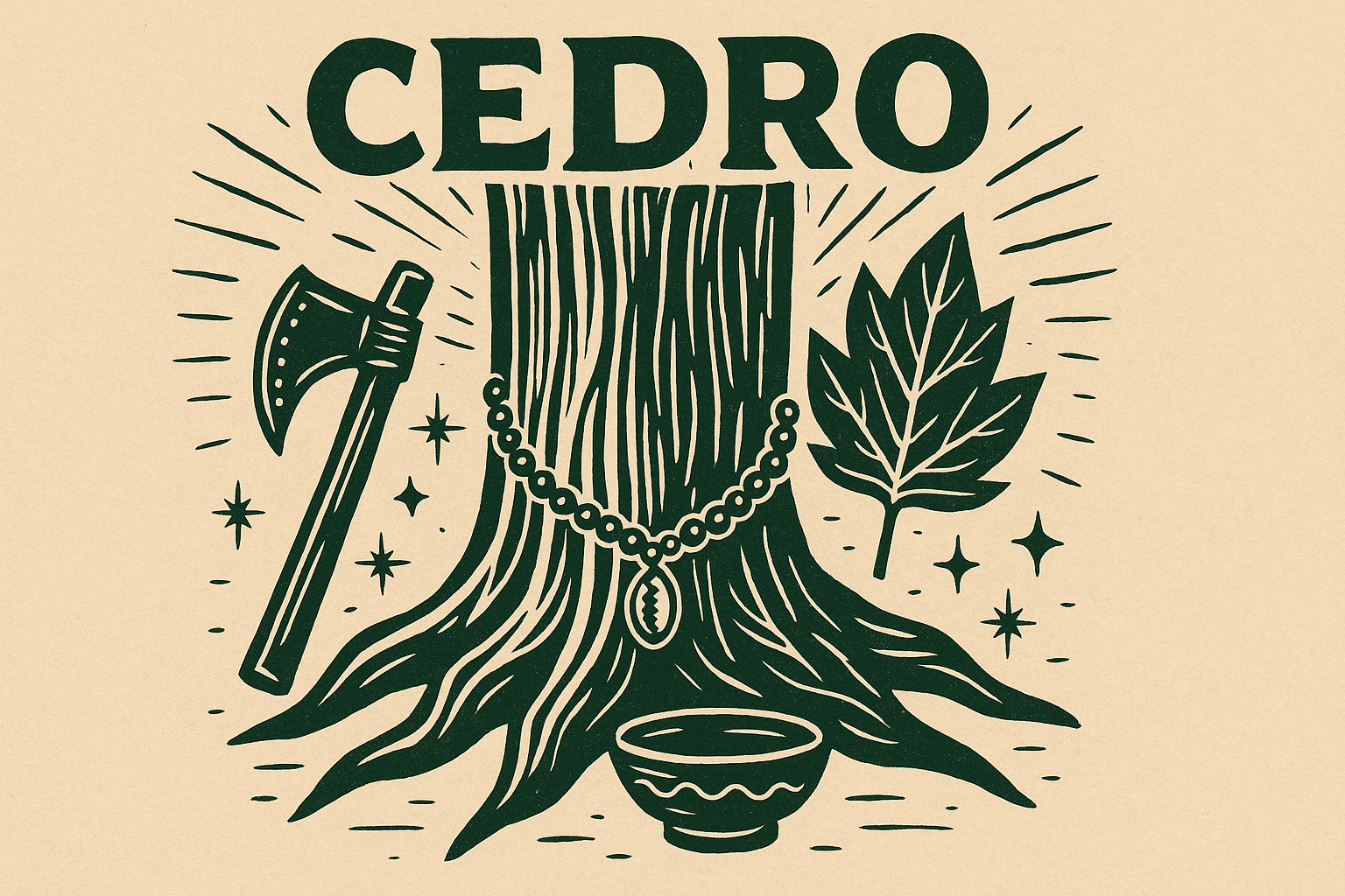 Ilustração estilo cordel com tronco de cedro, machado, folha e guia espiritual