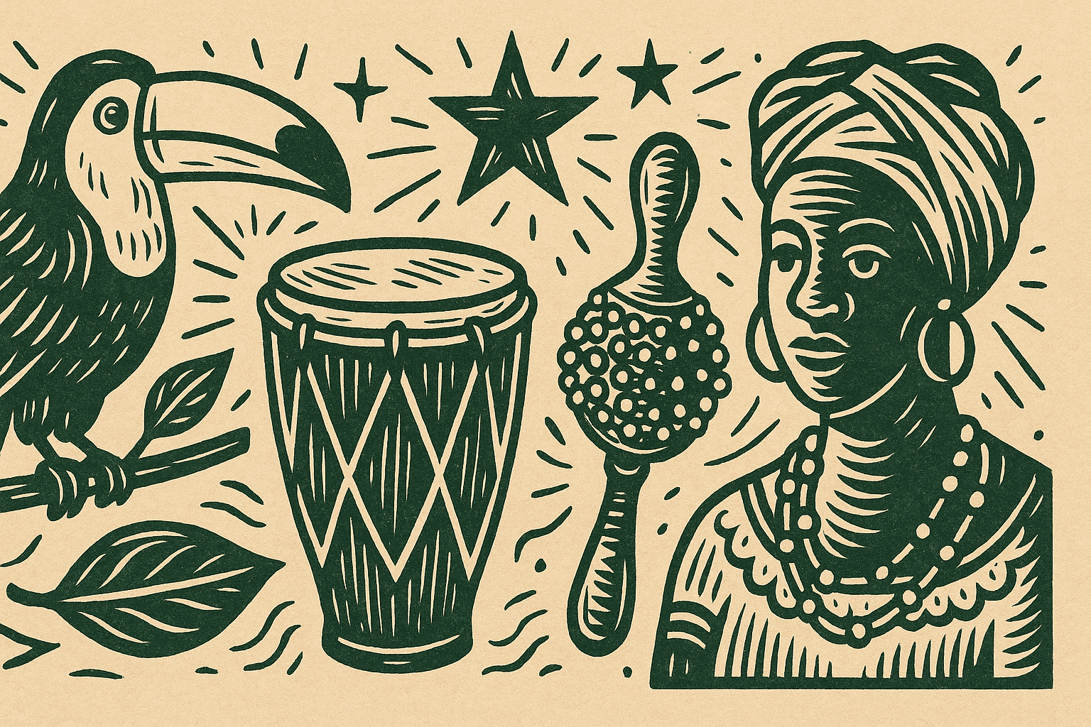 Ilustração estilo cordel com símbolos da cultura brasileira: baiana, tambor, maracá, toucan e estrela
