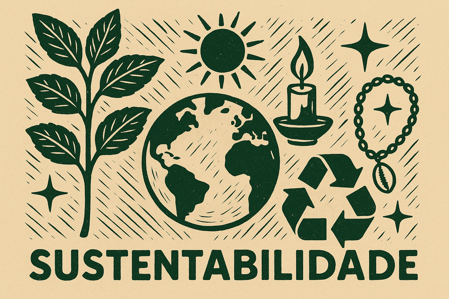 Ilustração em xilogravura com árvore, tambor, colar de búzios e elementos naturais representando a sustentabilidade no Candomblé.
