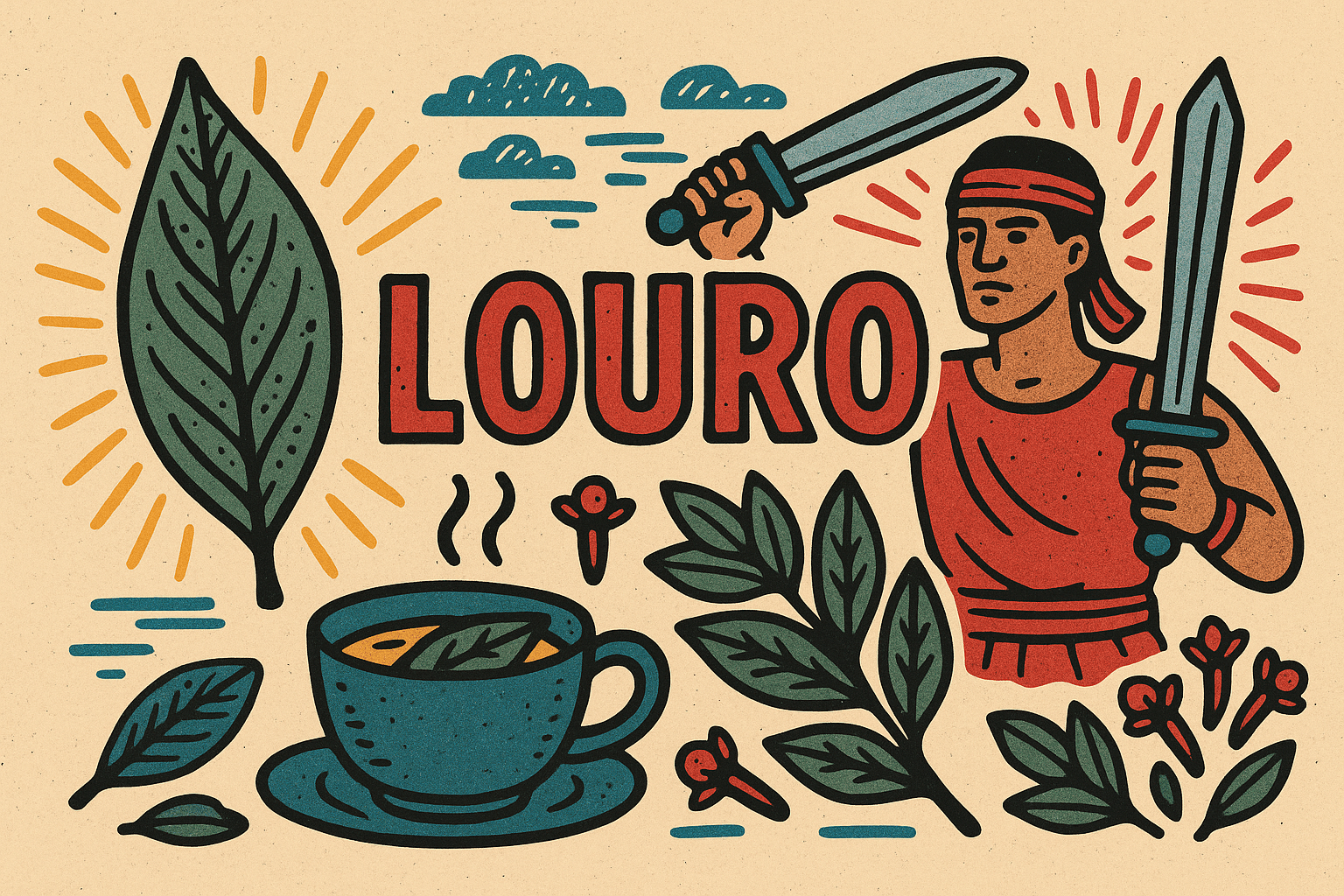 Ilustração em estilo xilogravura de uma folha de louro com elementos espirituais como chá, cravos e um guerreiro com espadas, representando Ogum.