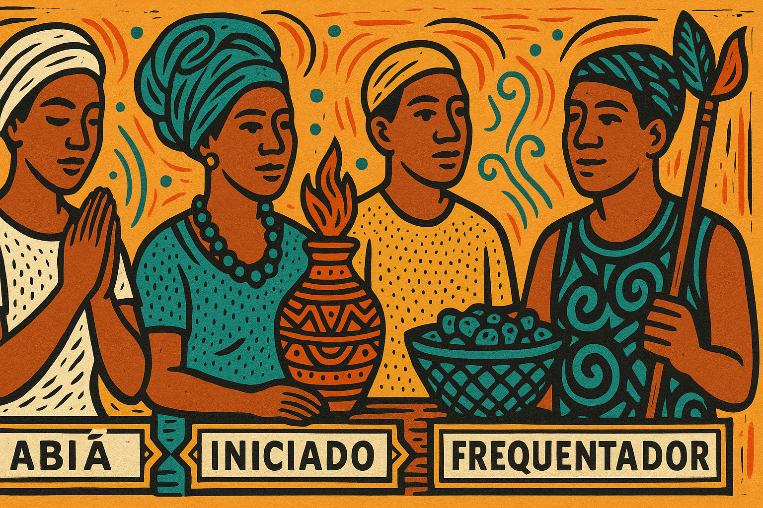 Ilustração em estilo xilogravura mostra quatro praticantes do Candomblé: abiã, iniciado e frequentador, cada um representado com elementos simbólicos de sua jornada espiritual.