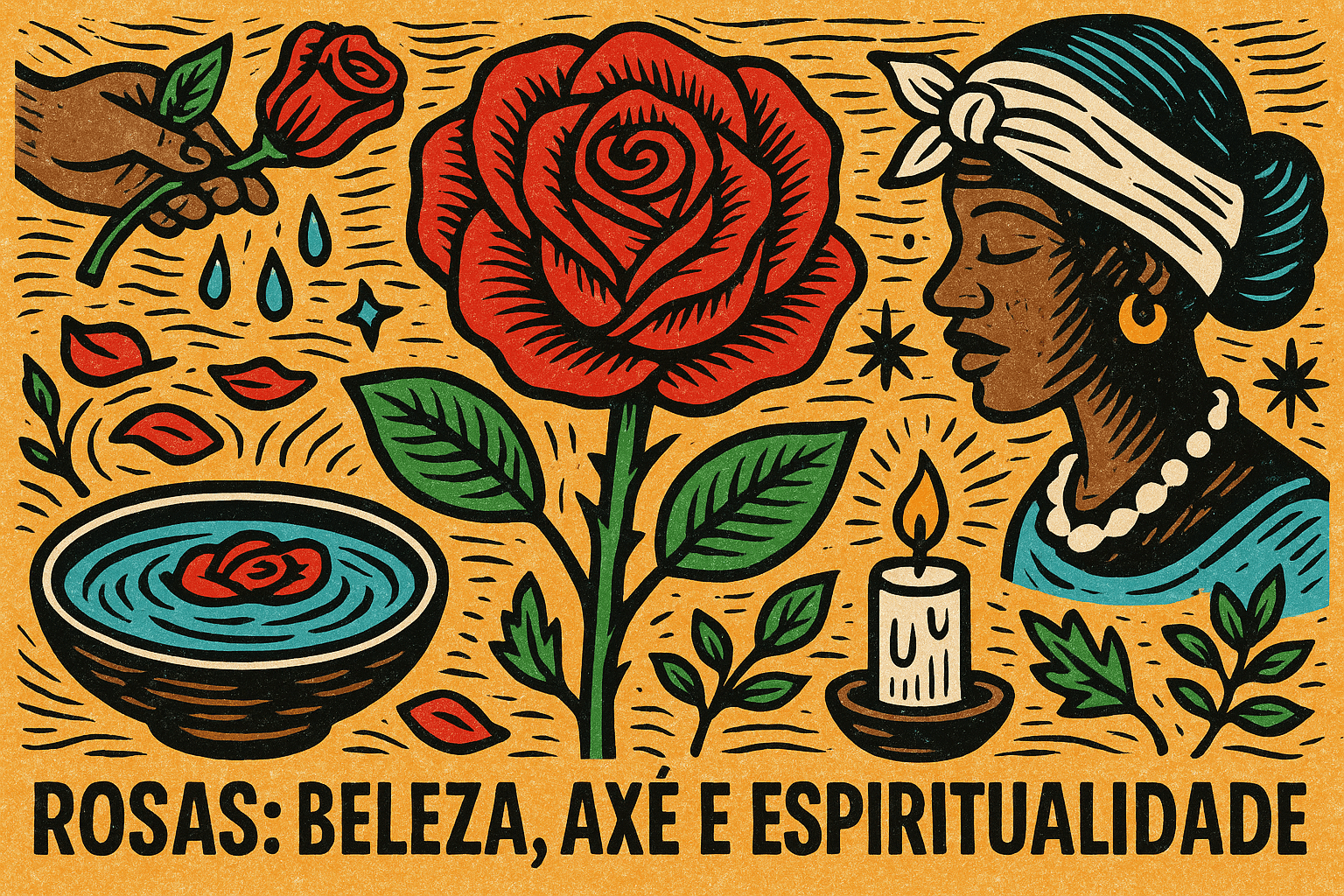 Ilustração em estilo xilogravura mostra umas rosas vermelhas central, elementos espirituais como vela, mulher com turbante, pétalas na água e mãos oferecendo a flor, com a frase "Rosas: Beleza, Axé e Espiritualidade".